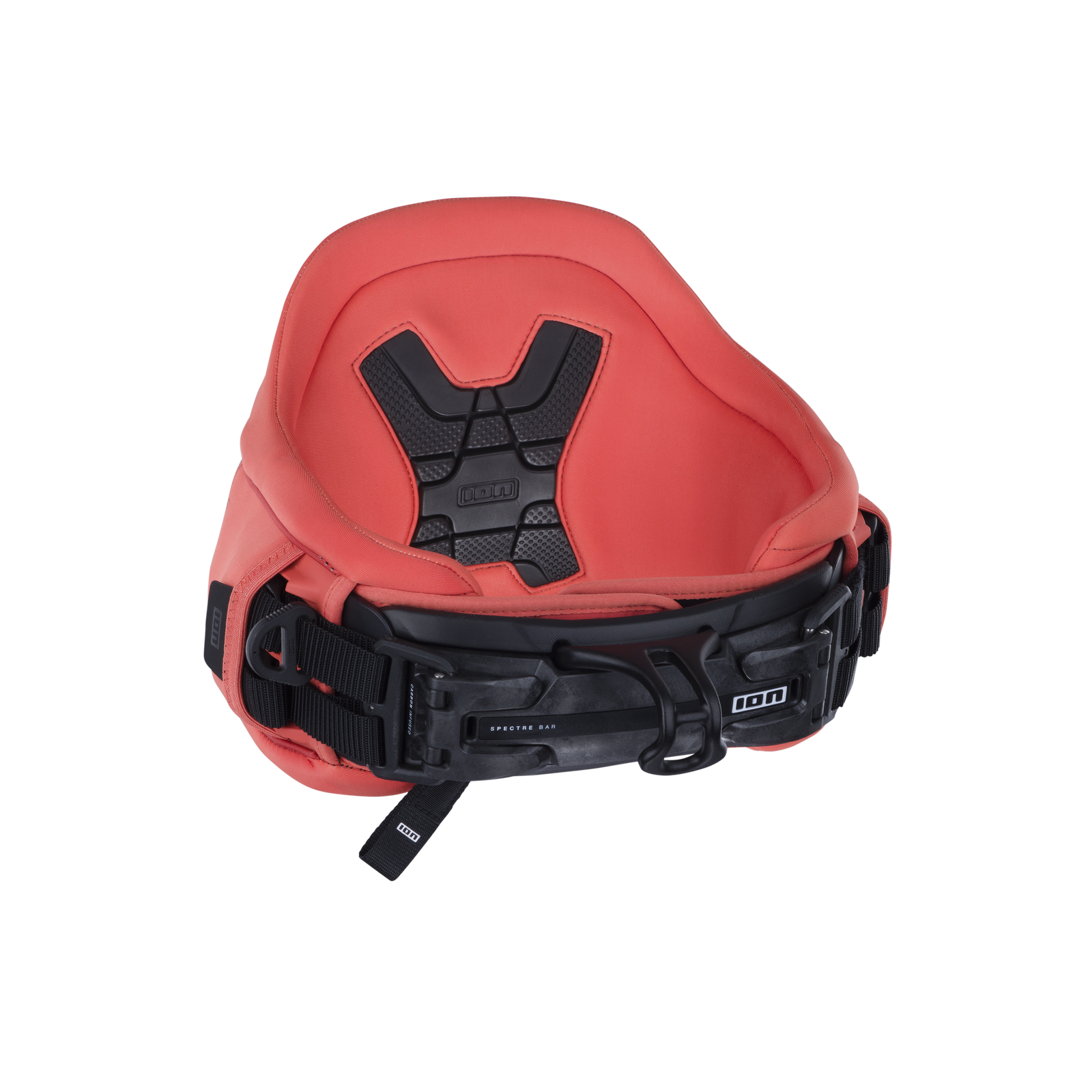 ION Muse waist harness in coral red with Spectre Bar 2 spreader bar and EVA foam padding