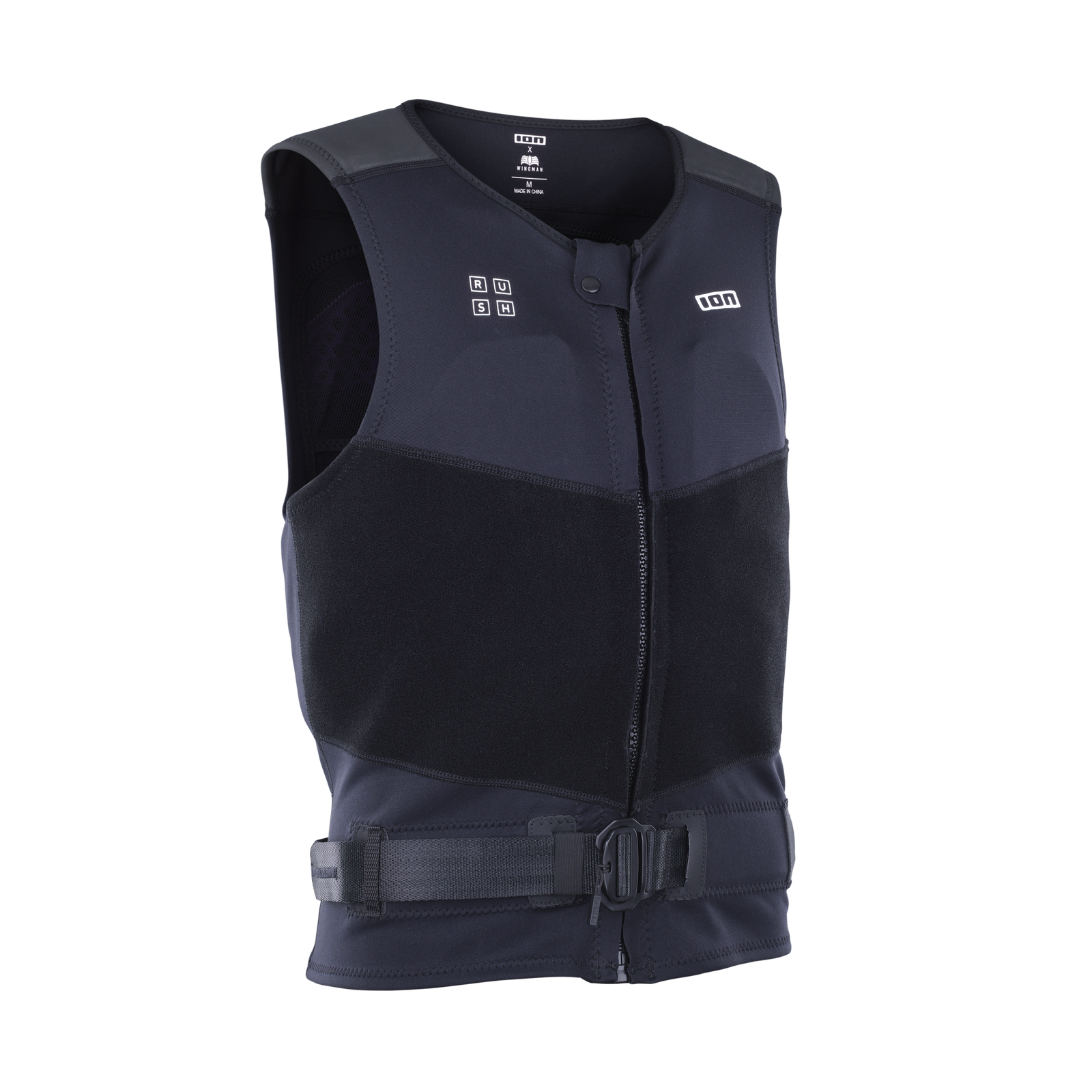 ION Rush wing waist harness in black with front zip and waist buckle