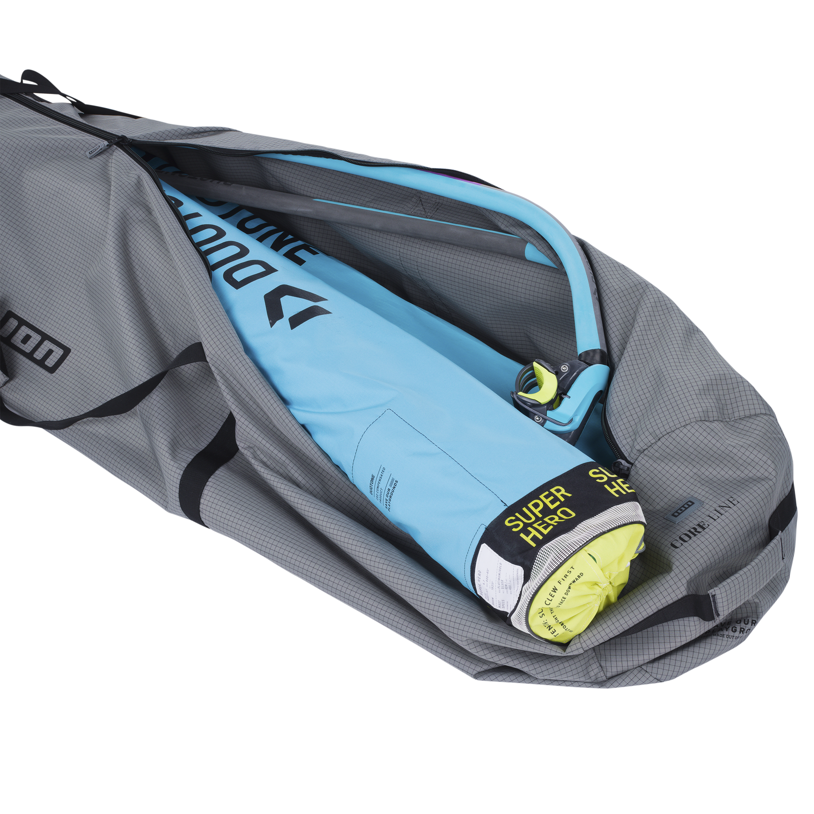 ION Core windsurf quiver bag 430–490cm in charcoal grey, open showing packed sail