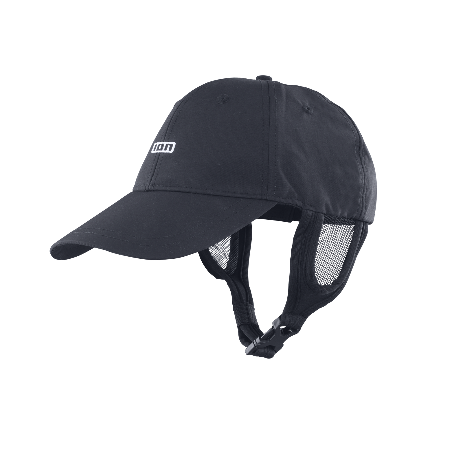 ION Surf Cap water cap onesize in black with chin strap and mesh ear flaps
