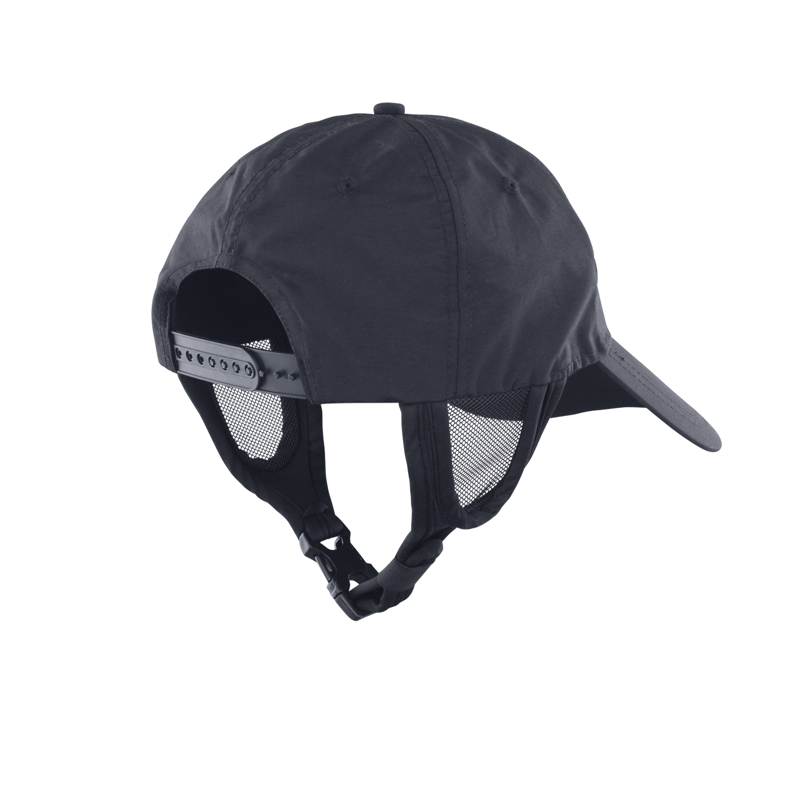 ION Water Surf Cap in black, back view with chin strap and ear flap panels