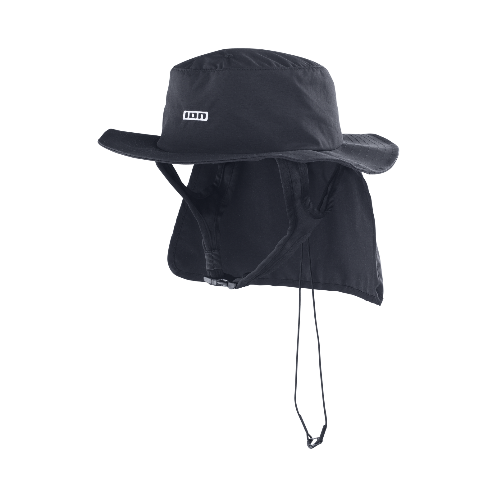 ION Water Beach Hat in black with neck flap and chin cord, front view
