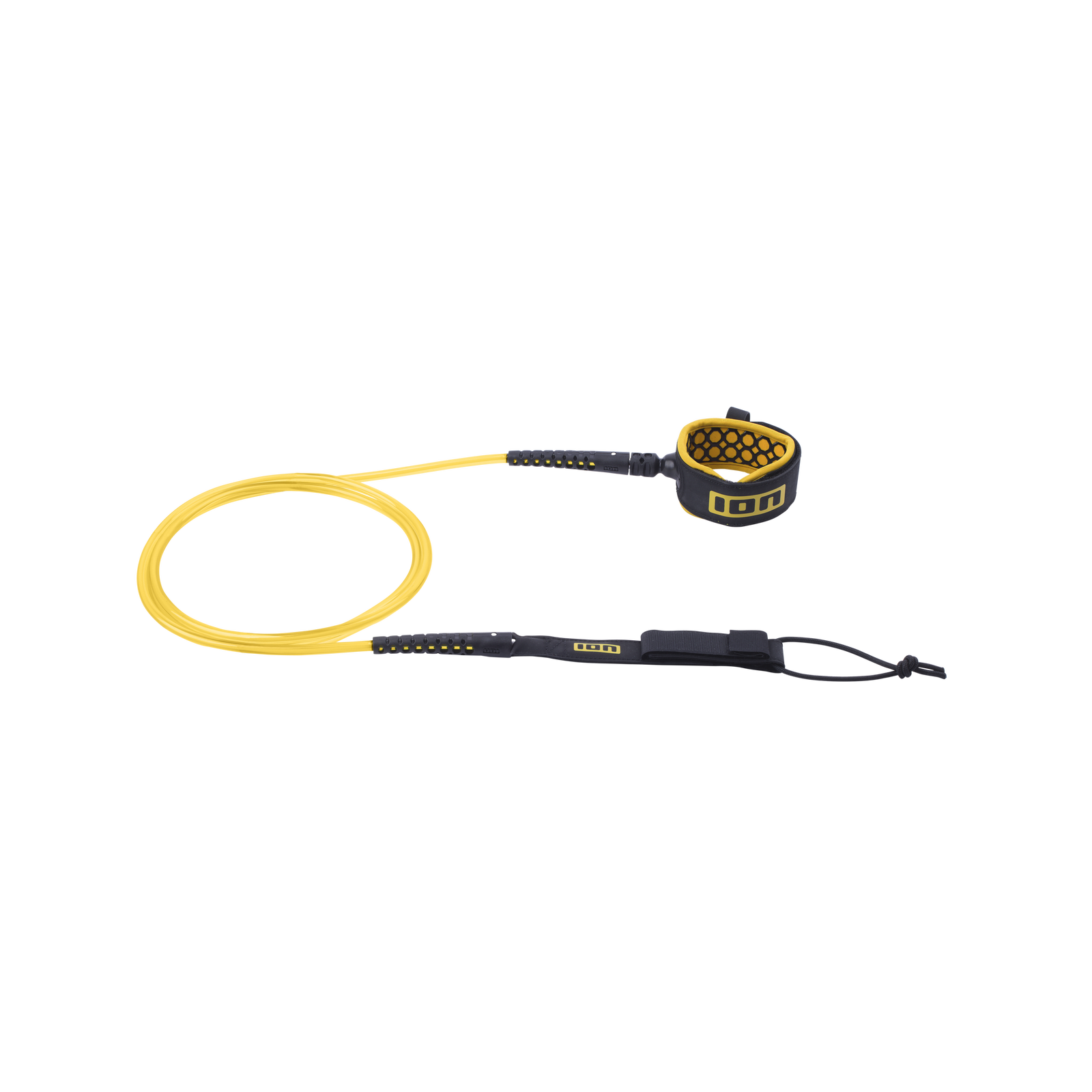 ION Core leash de cheville pour planche de surf en jaune et noir avec manchette néoprène et double pivot