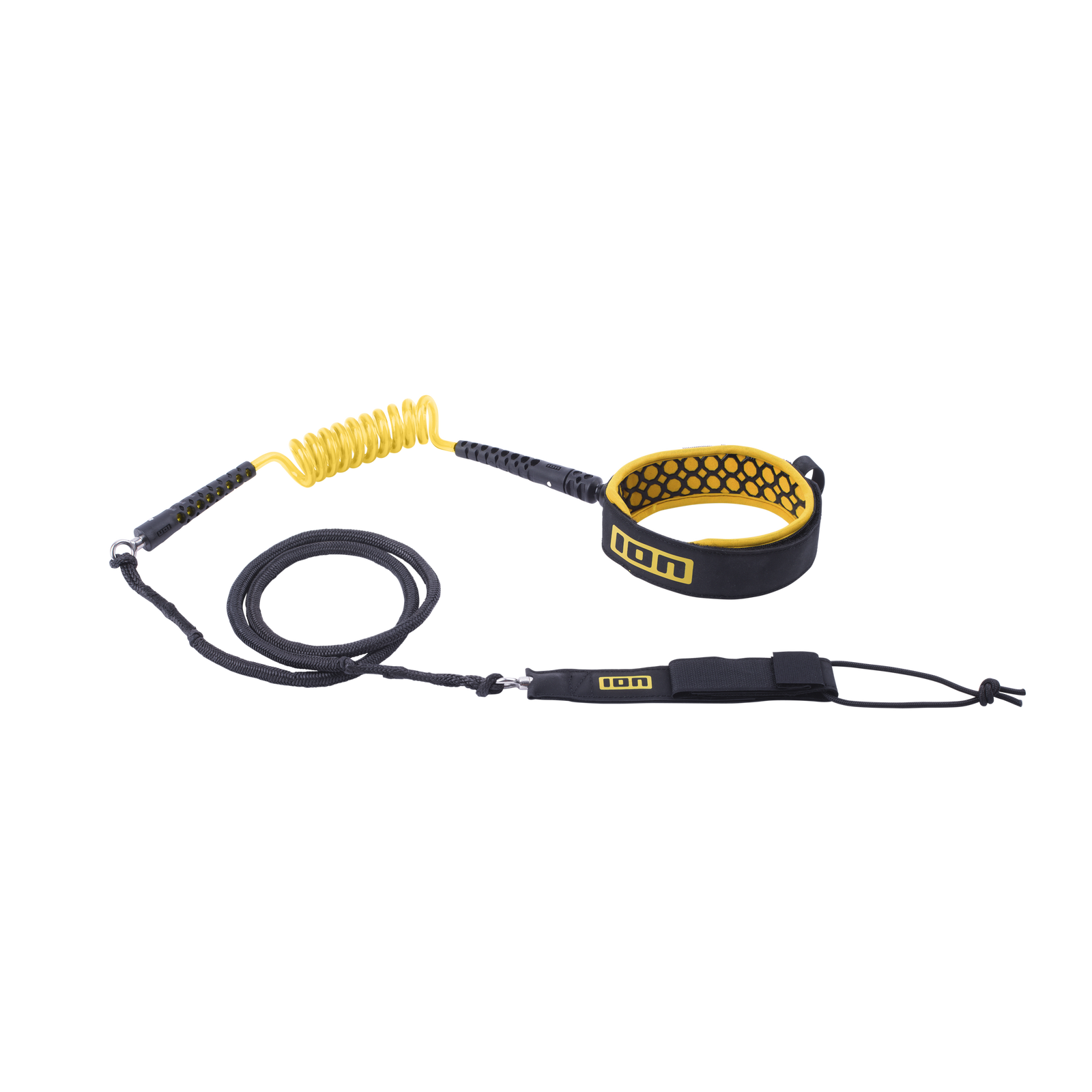 ION Core Hybrid wing board leash knee attachment in black and yellow with velcro cuff