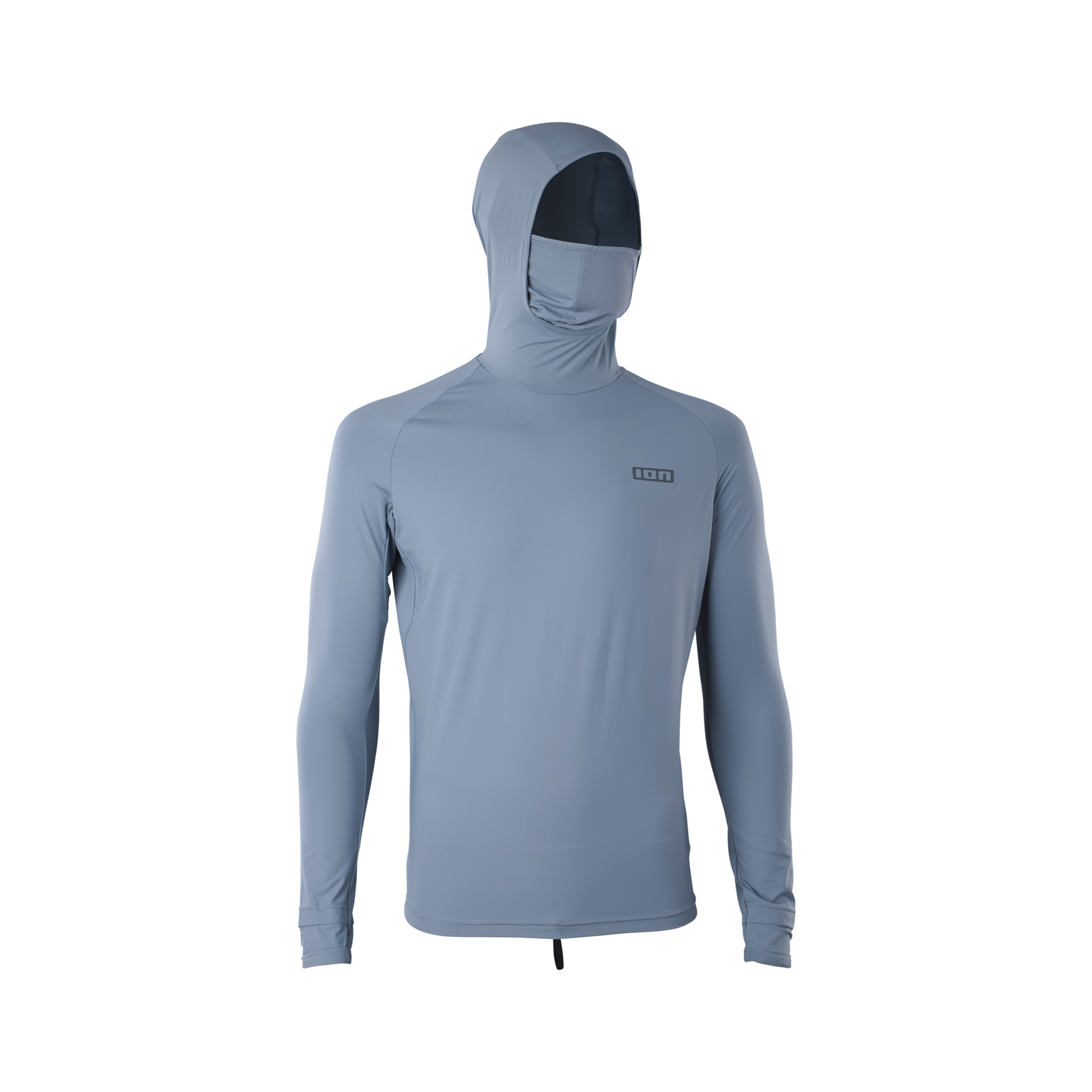 ION Storm Pro long-sleeve rashguard men in steel blue with hood and integrated face mask