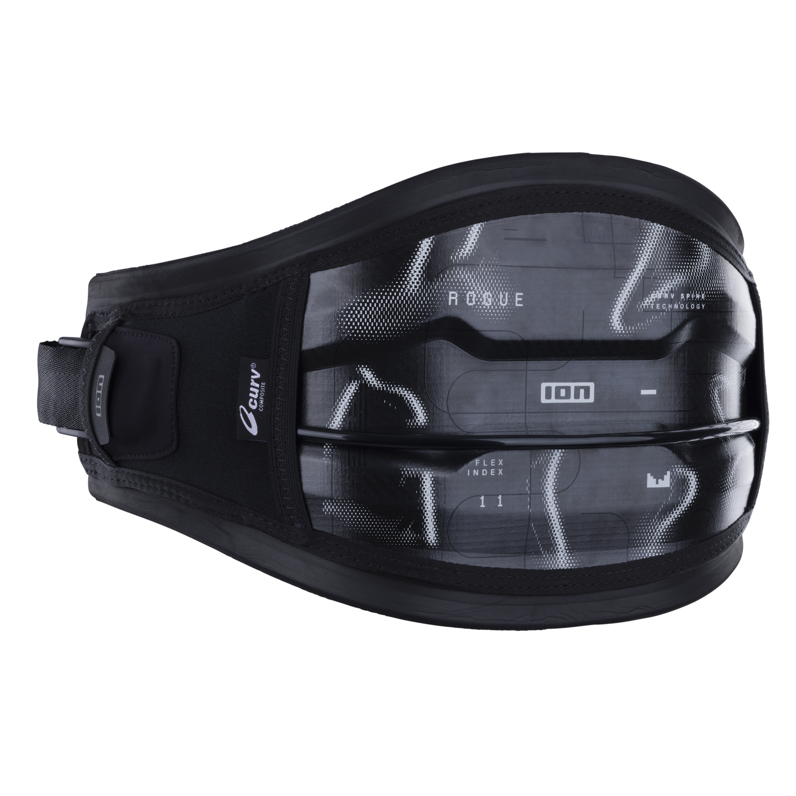 ION Rogue waist harness in black with CURV® hard shell back plate and Spine Technology
