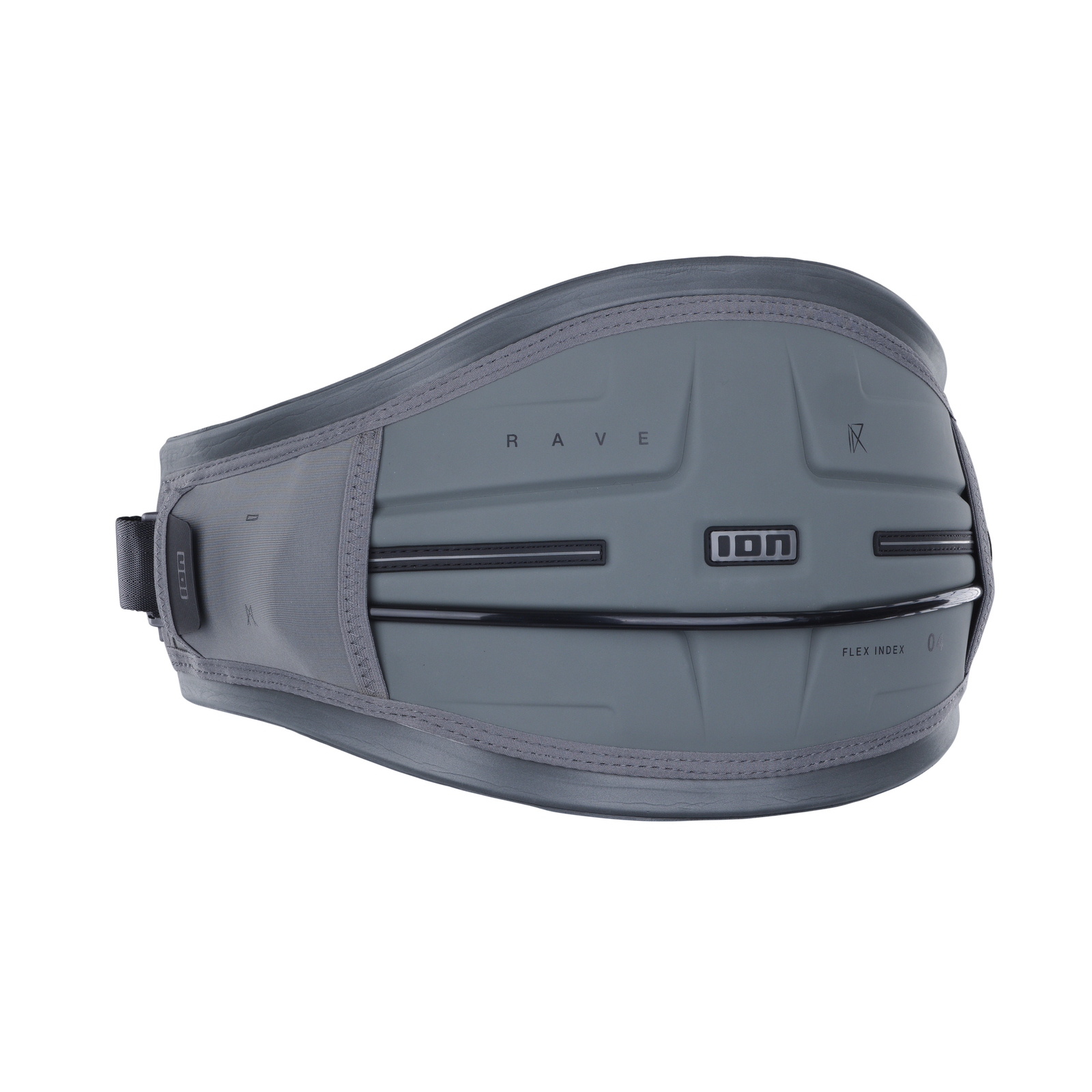 ION Rave waist harness in slate grey with soft-shell back plate and Flex Index zones