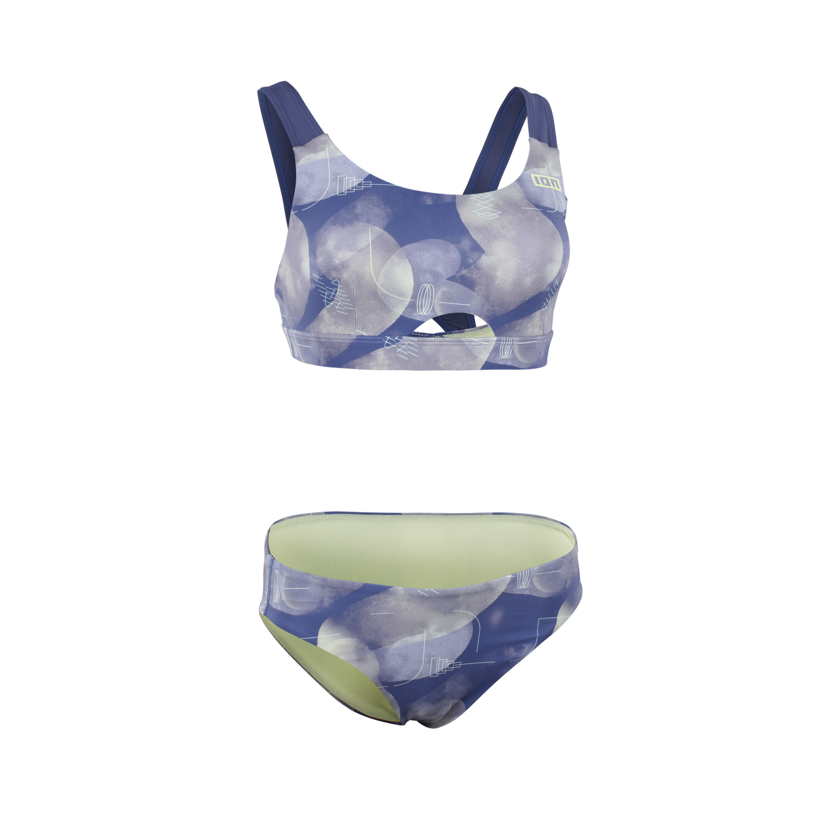 ION Water Bottom Surfkini Damen Bikini-Set in schieferblau mit abstraktem Print und limetten-grünem Futter