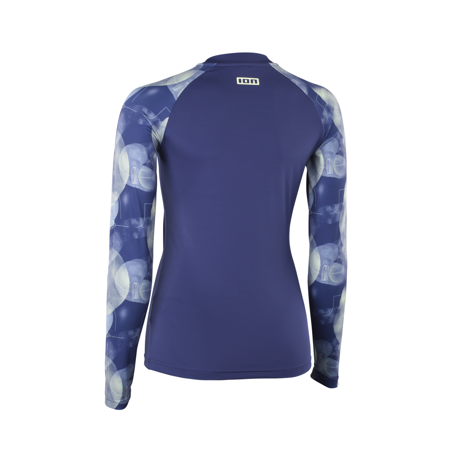ION Lizz Damen Rashguard Langarm in indigo mit bedruckten Ärmeln UPF 50+ Rückenansicht