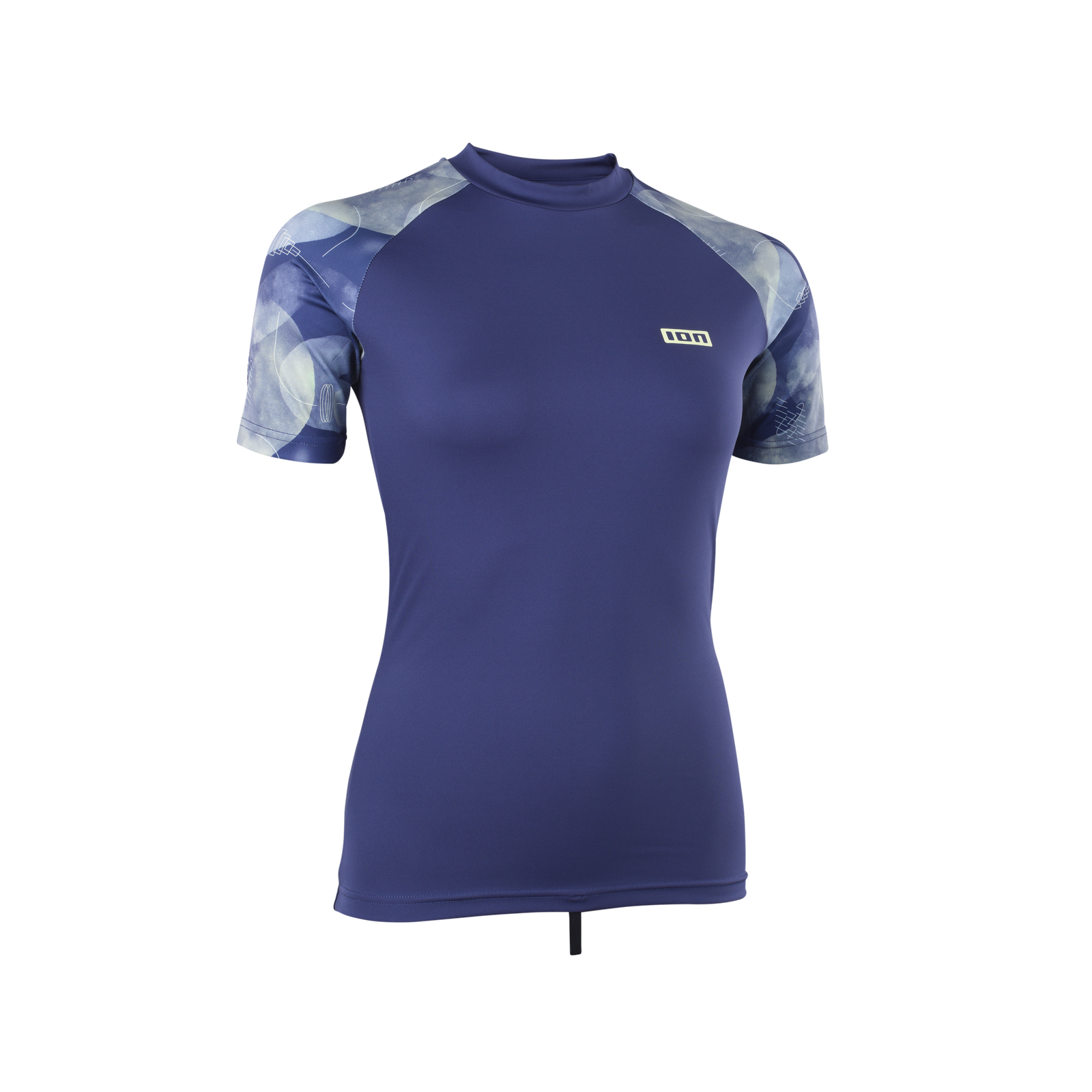 ION Lizz short-sleeve women's rash guard in indigo blue with printed sleeves