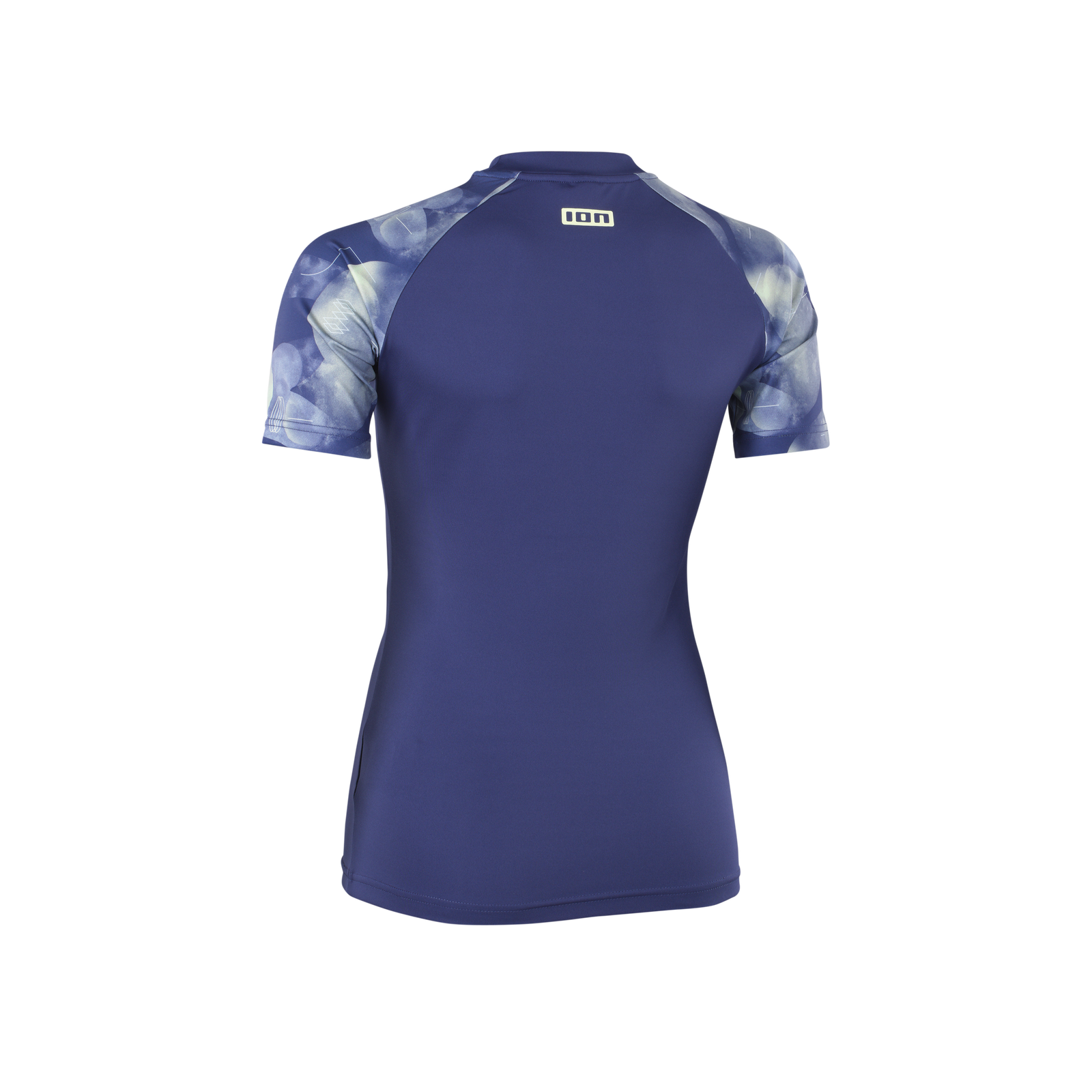 ION Lizz women's short-sleeve rash guard in indigo blue with printed raglan sleeves