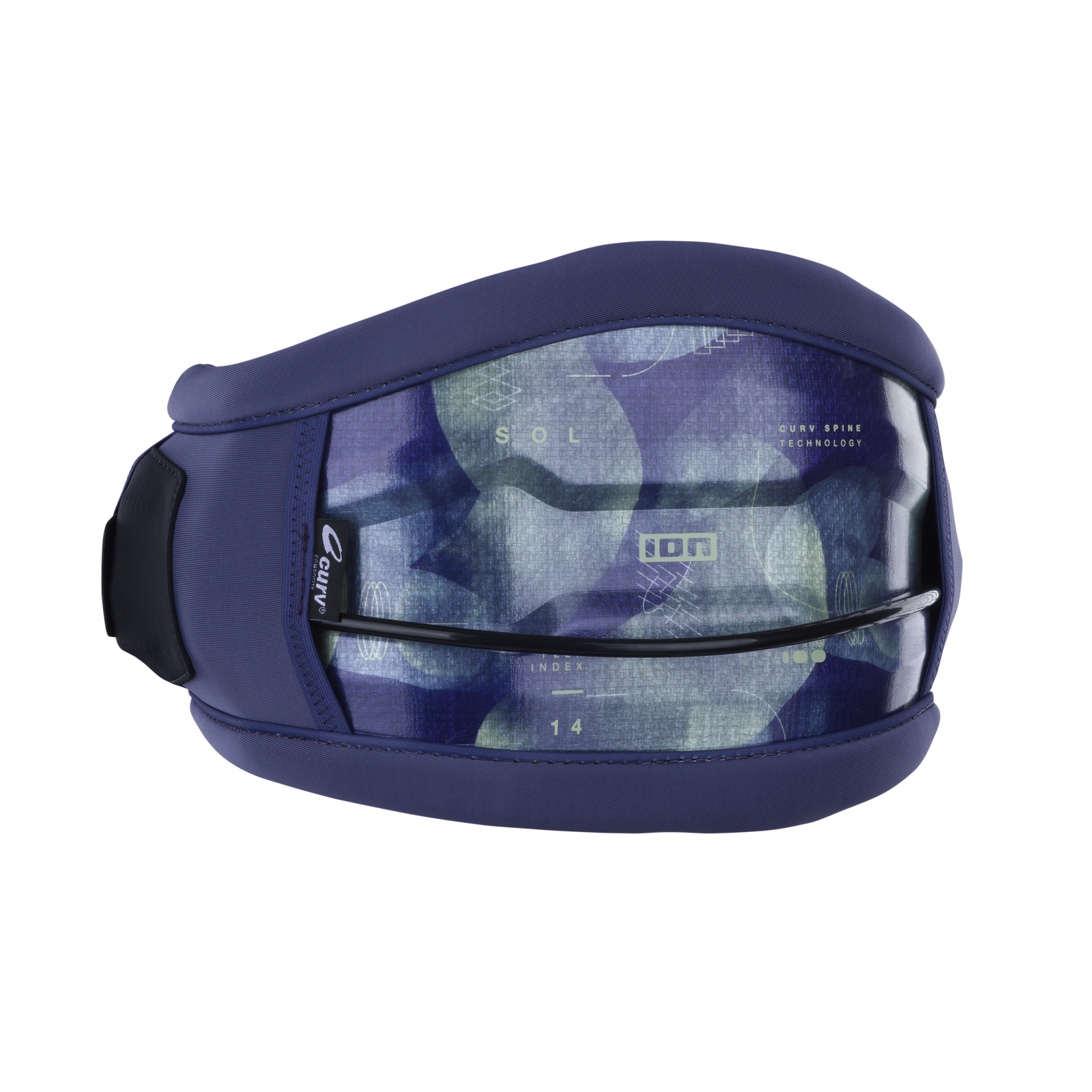 ION Sol Curv waist harness in dark navy with CURV Spine Technology and adjustable spreader bar hook