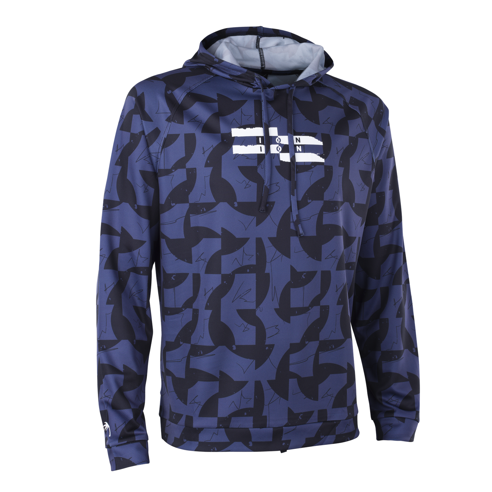 ION Water Wetshirt Hood LS men's long sleeve hooded top in navy with all-over shark print