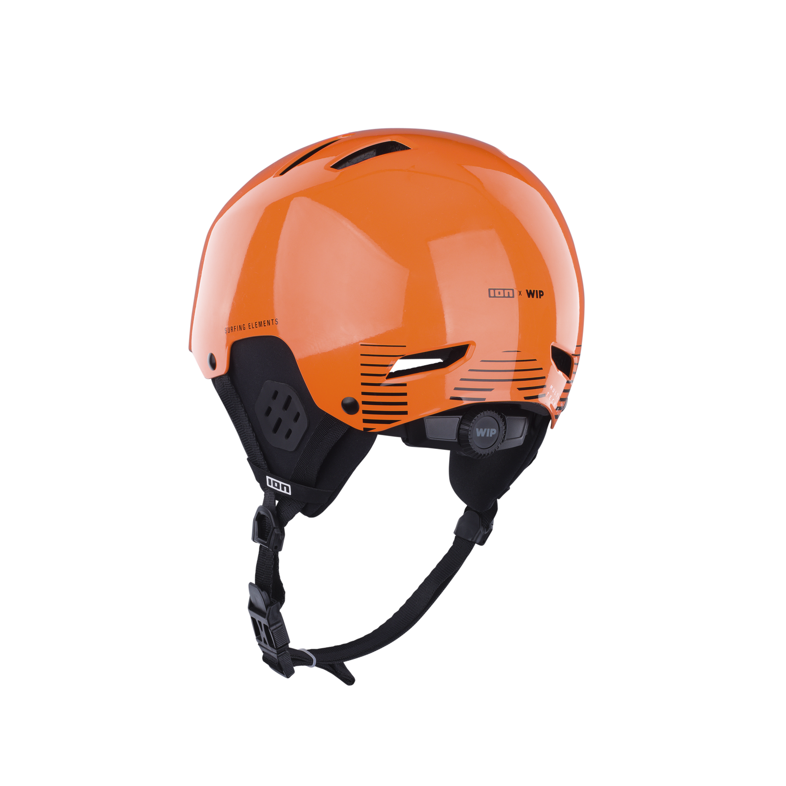 ION Slash Amp helmet in orange and black with 360-Fit system, three-quarter view