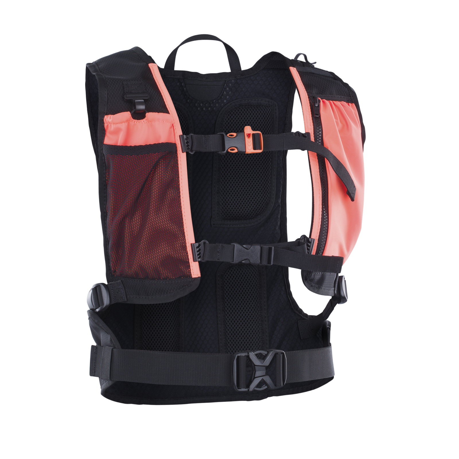 ION Explorer Bag downwind backpack in black and coral with mesh back panel and hip belt