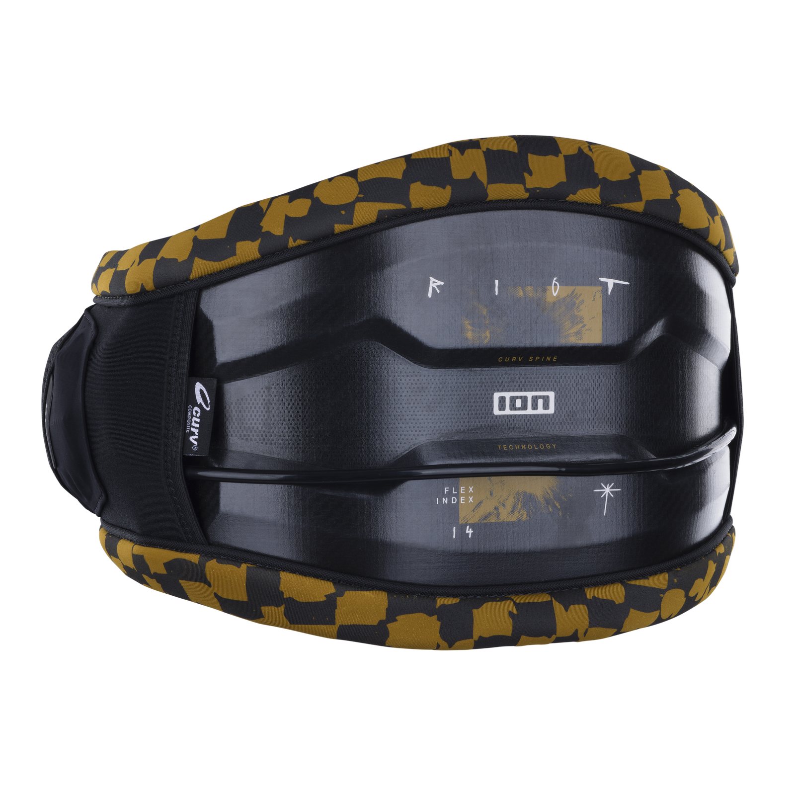 ION Riot Curv waist harness in black and olive with CURV® hard shell back plate