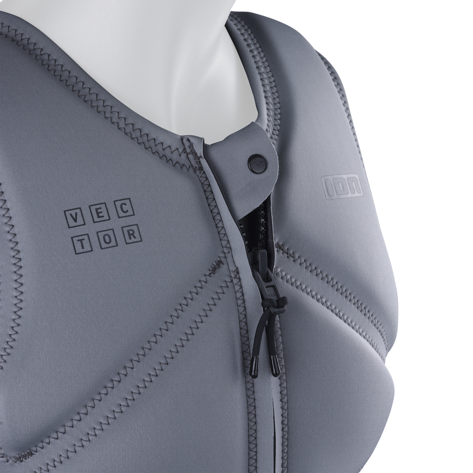 ION Vector Core front-zip men's impact vest in slate grey, zipper detail view