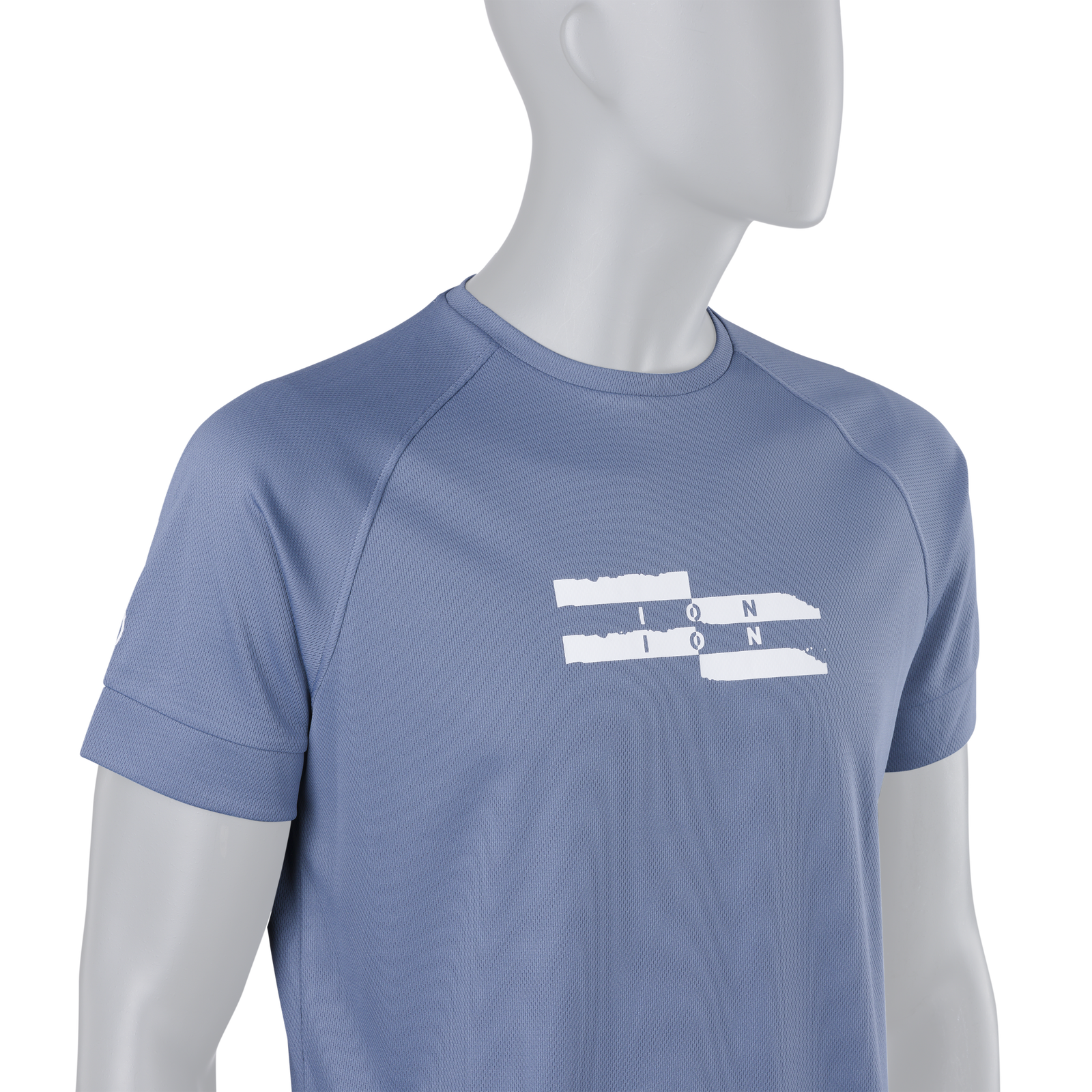 ION Wetshirt short sleeve men's rash guard in slate blue with ION chest graphic print