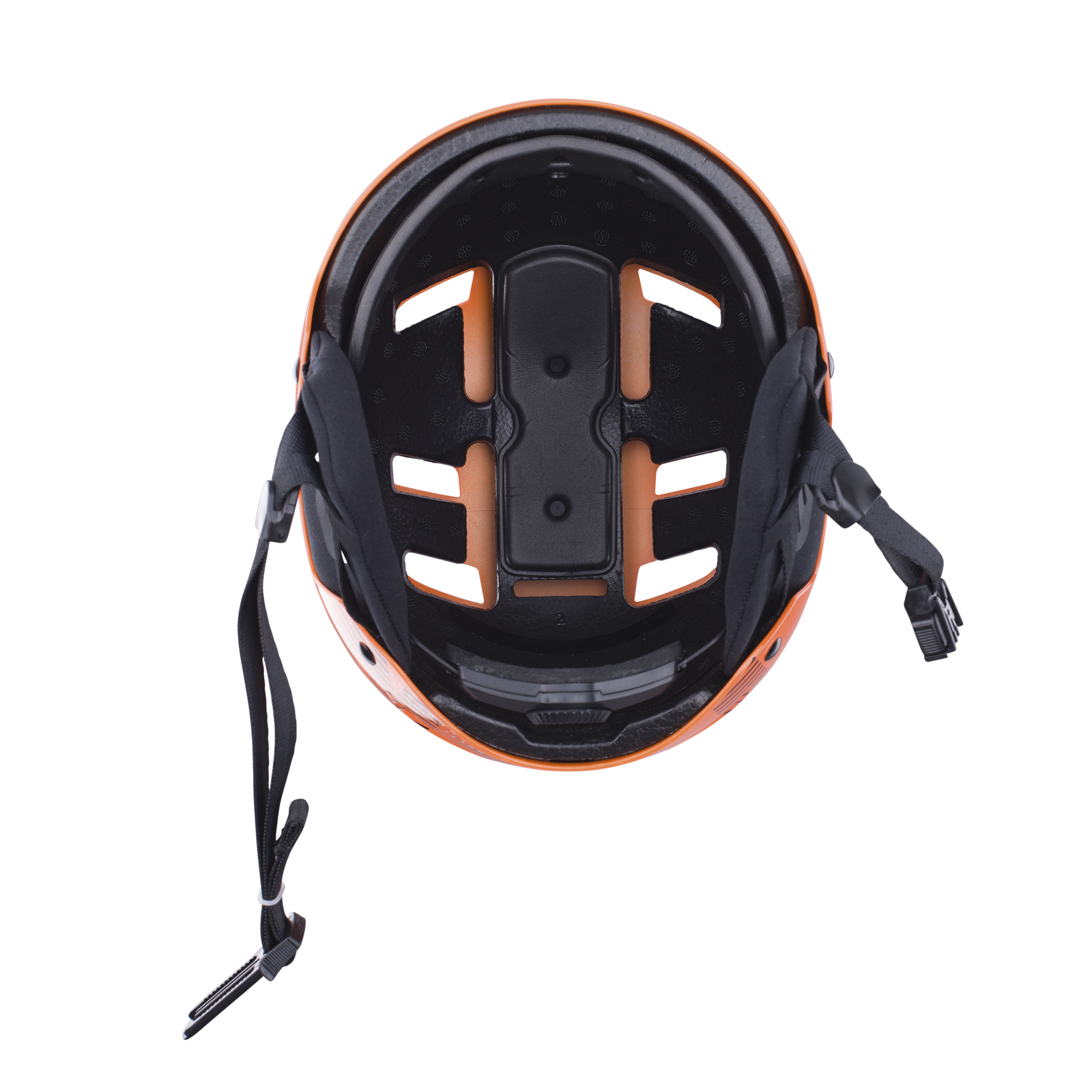 ION Slash Amp helmet top-down view in orange and black showing 360° fit system and interior padding