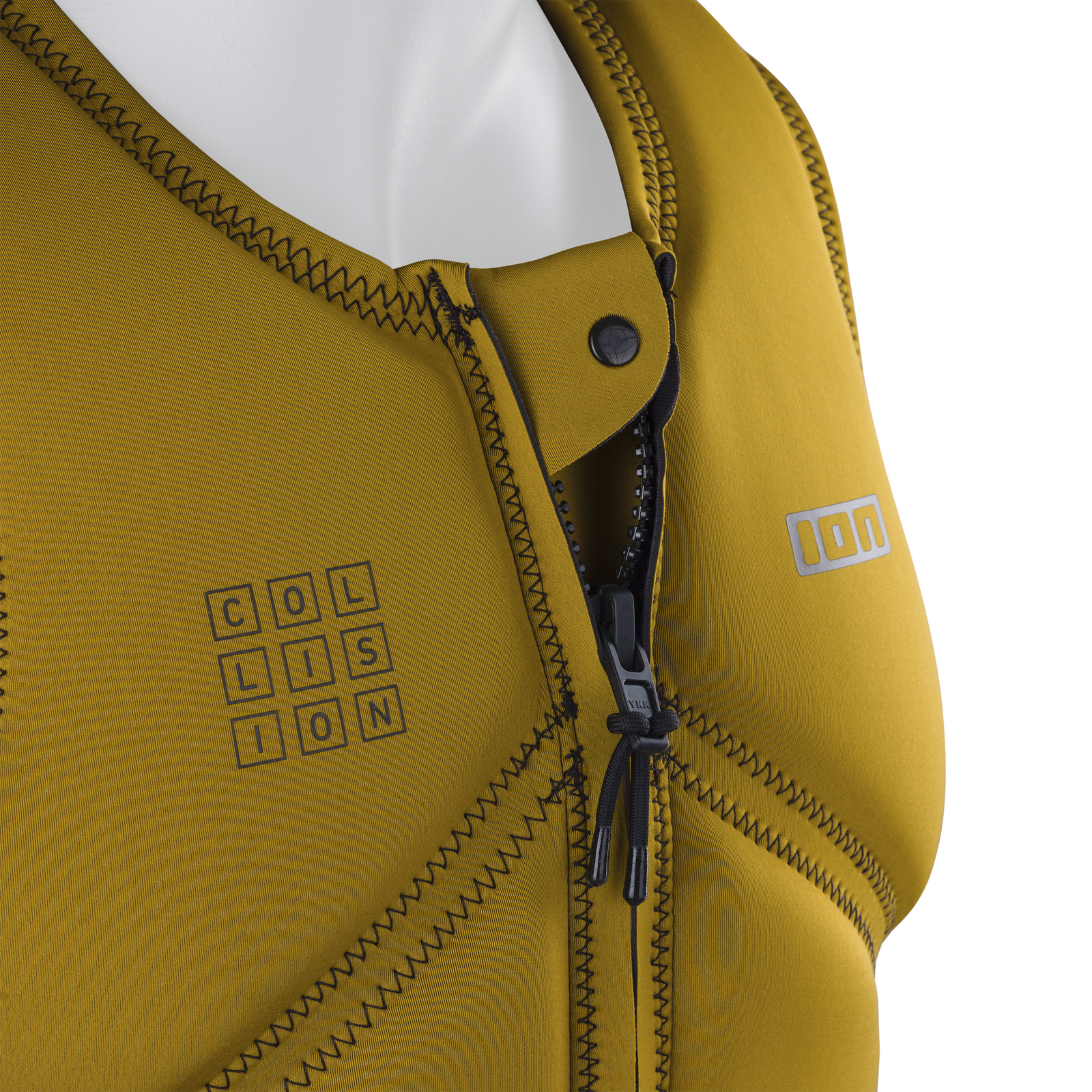 ION Collision men's impact vest Core Front Zip in mustard yellow – front zip detail view