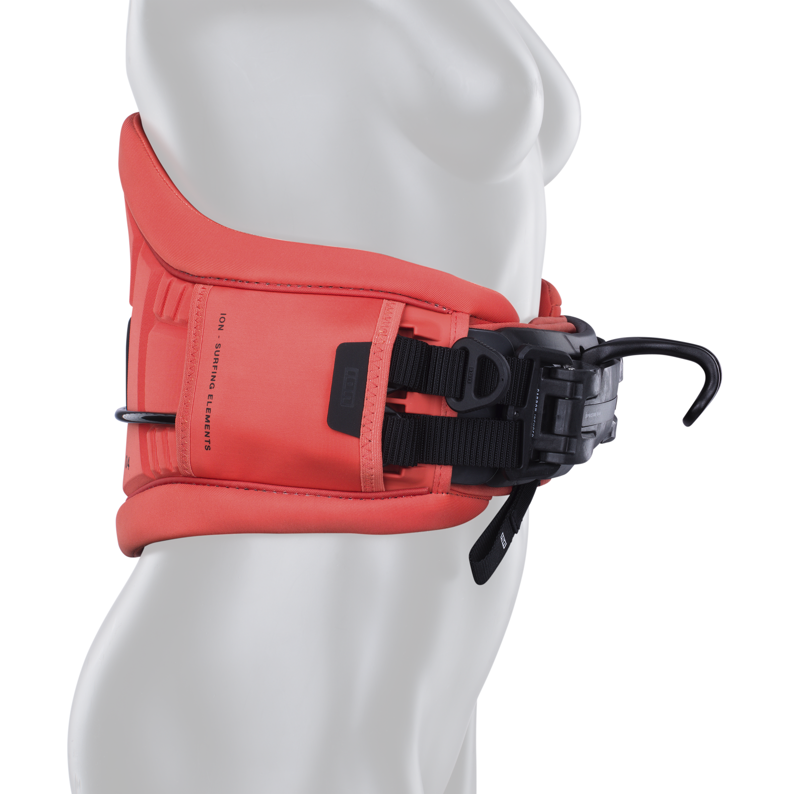 ION Muse waist harness in coral with Spectre Bar 2 spreader bar, three-quarter view