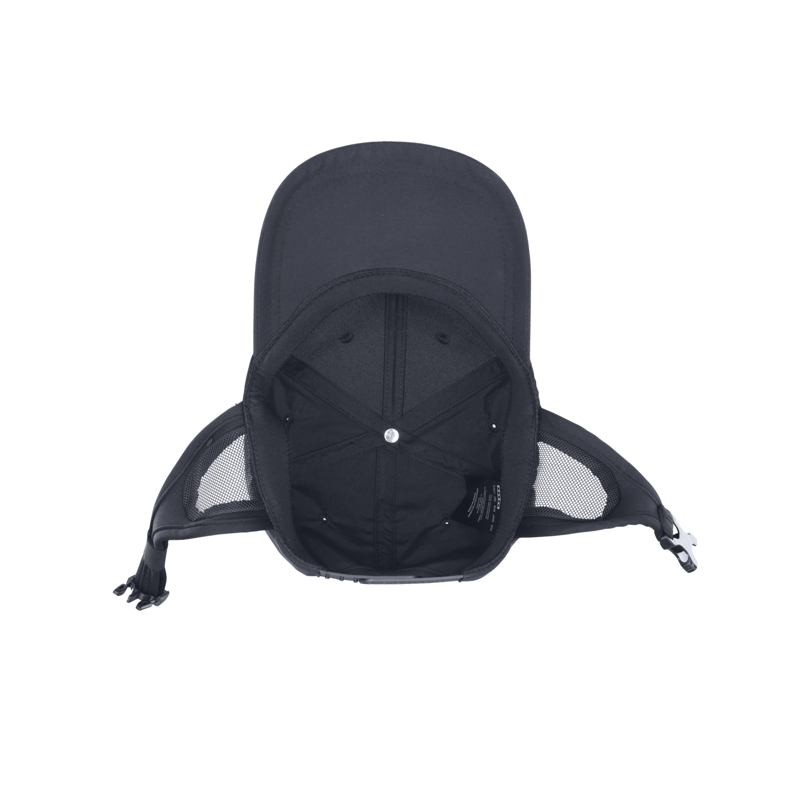 ION Water Surf Cap onesize in black, interior view showing mesh ventilation panels and chin strap