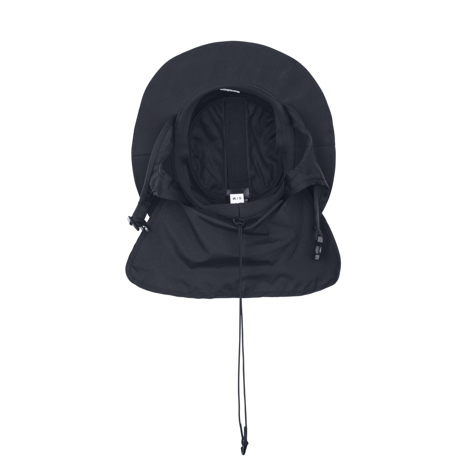 ION Water Beach Hat in black inside view with neck flap, chin cord and side clip adjusters