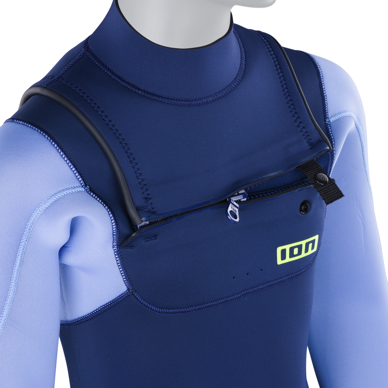 Combinaison junior ION Capture 4/3mm zip frontal en bleu marine et bleu clair – détail fermeture