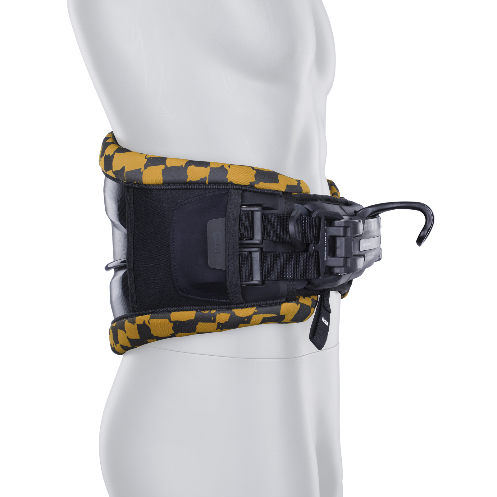 ION Riot Curv waist harness in black and mustard yellow with CURV hard shell and spreader bar hook