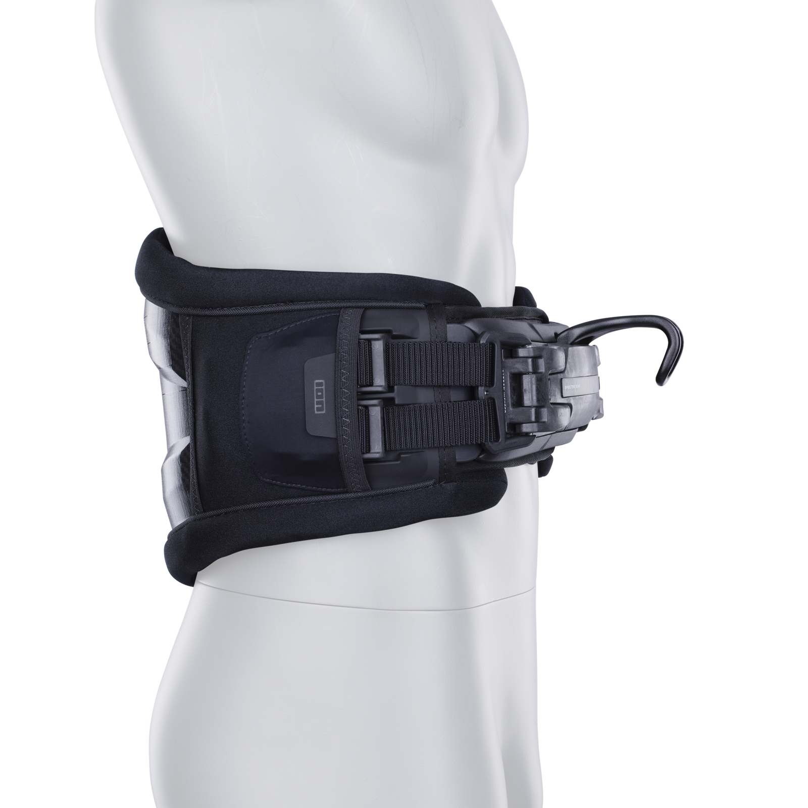 ION Icon Curv waist harness in black with CURV hard shell and spreader bar hook