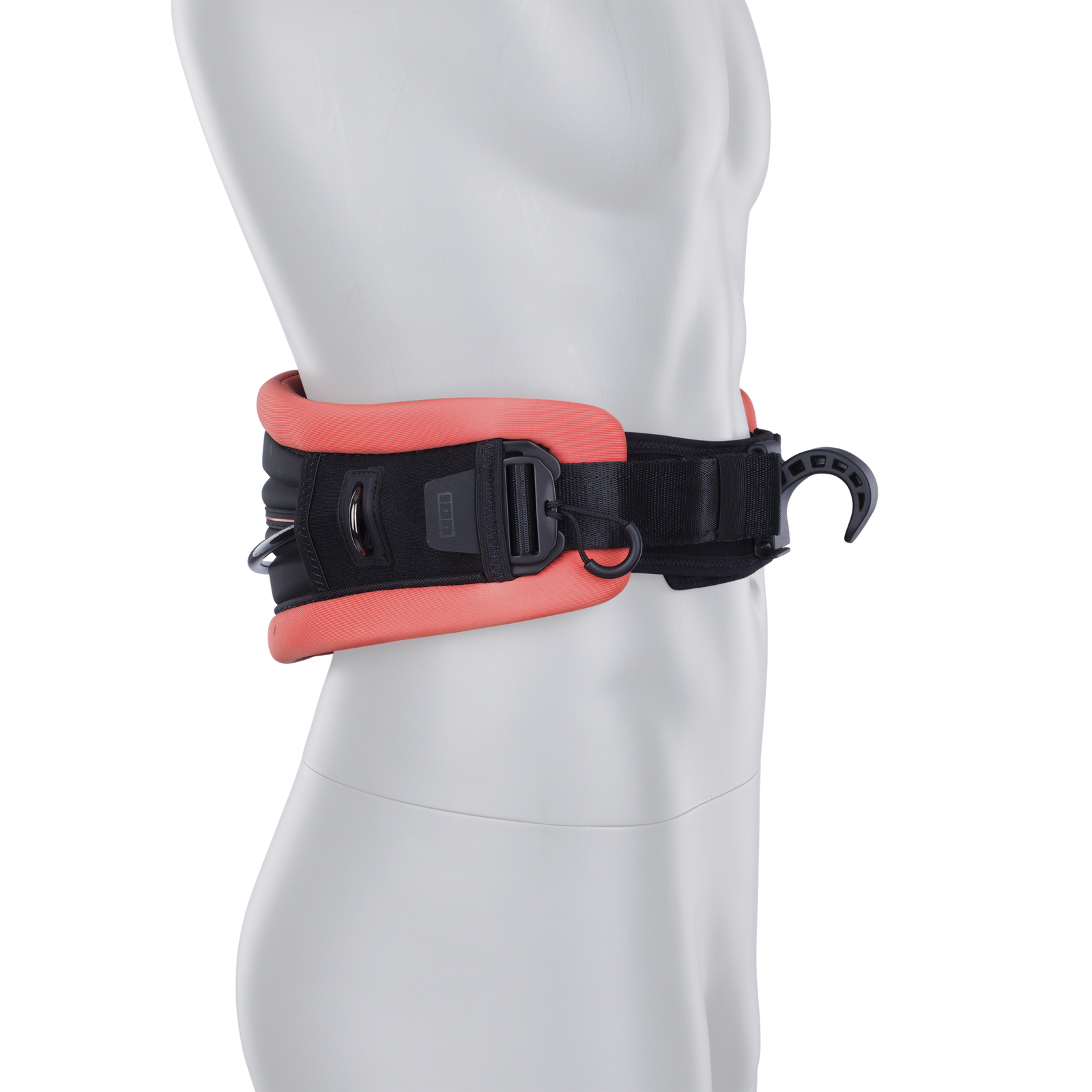 ION Arc waist harness in black and coral with spreader bar hook for wing foiling