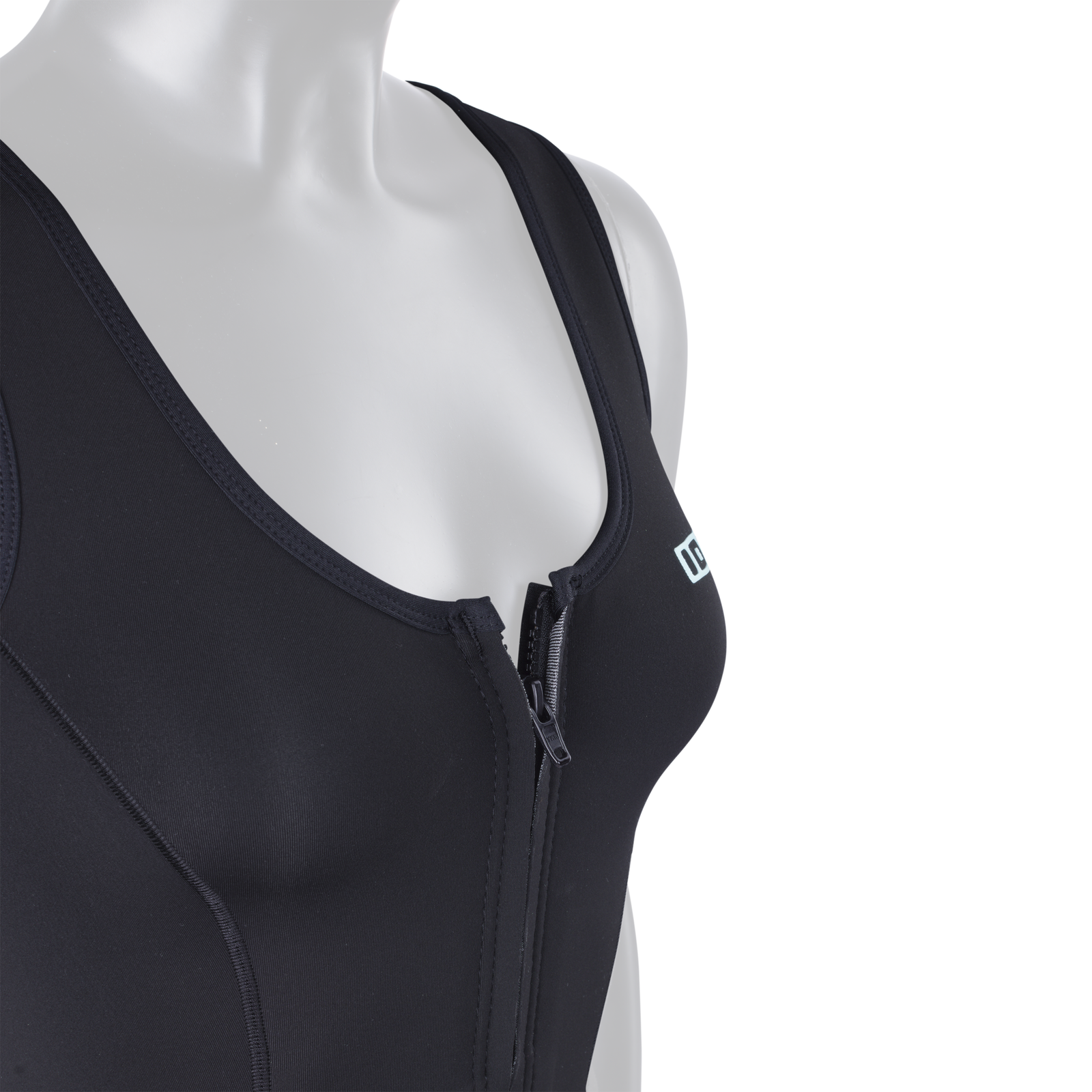 ION Amaze Long Jane 1.5mm front-zip long jane wetsuit women in black – chest and strap detail