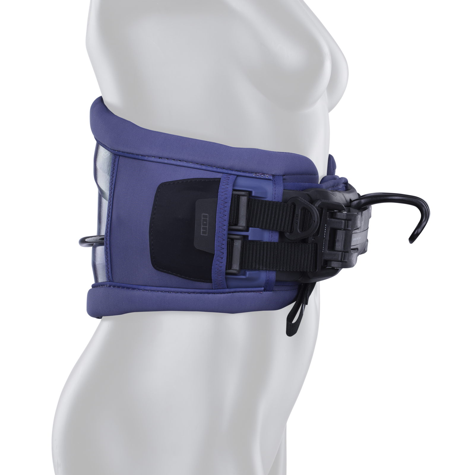 ION Sol Curv waist harness in indigo blue with CURV® hard shell back, side view