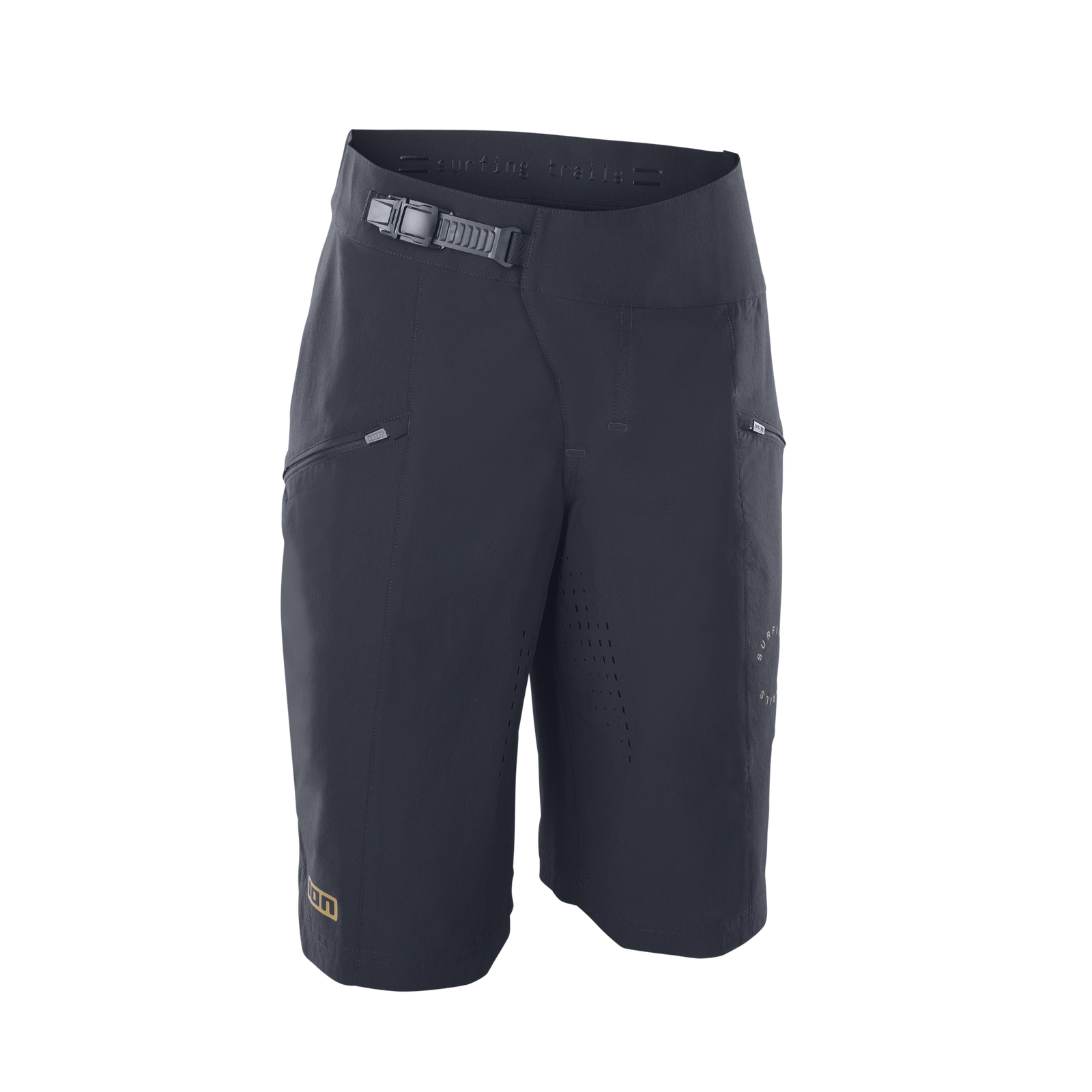 ION Bike Scrub cycling shorts for mountain biking in black with ratchet closure and laser-cut vents