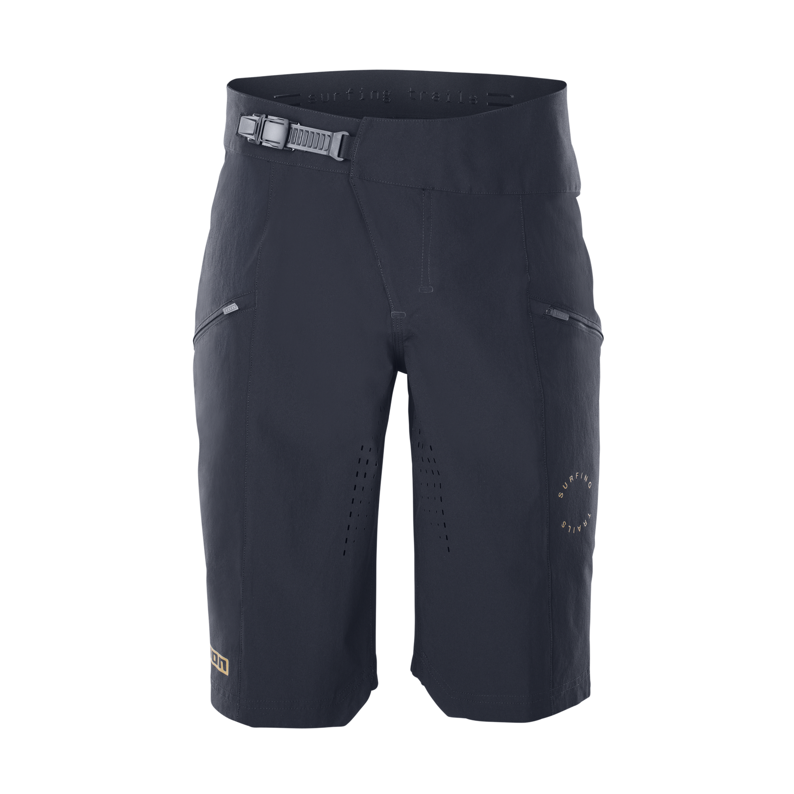 ION Scrub cycling shorts unisex in dark charcoal with ratchet closure and laser-cut vents for enduro and downhill