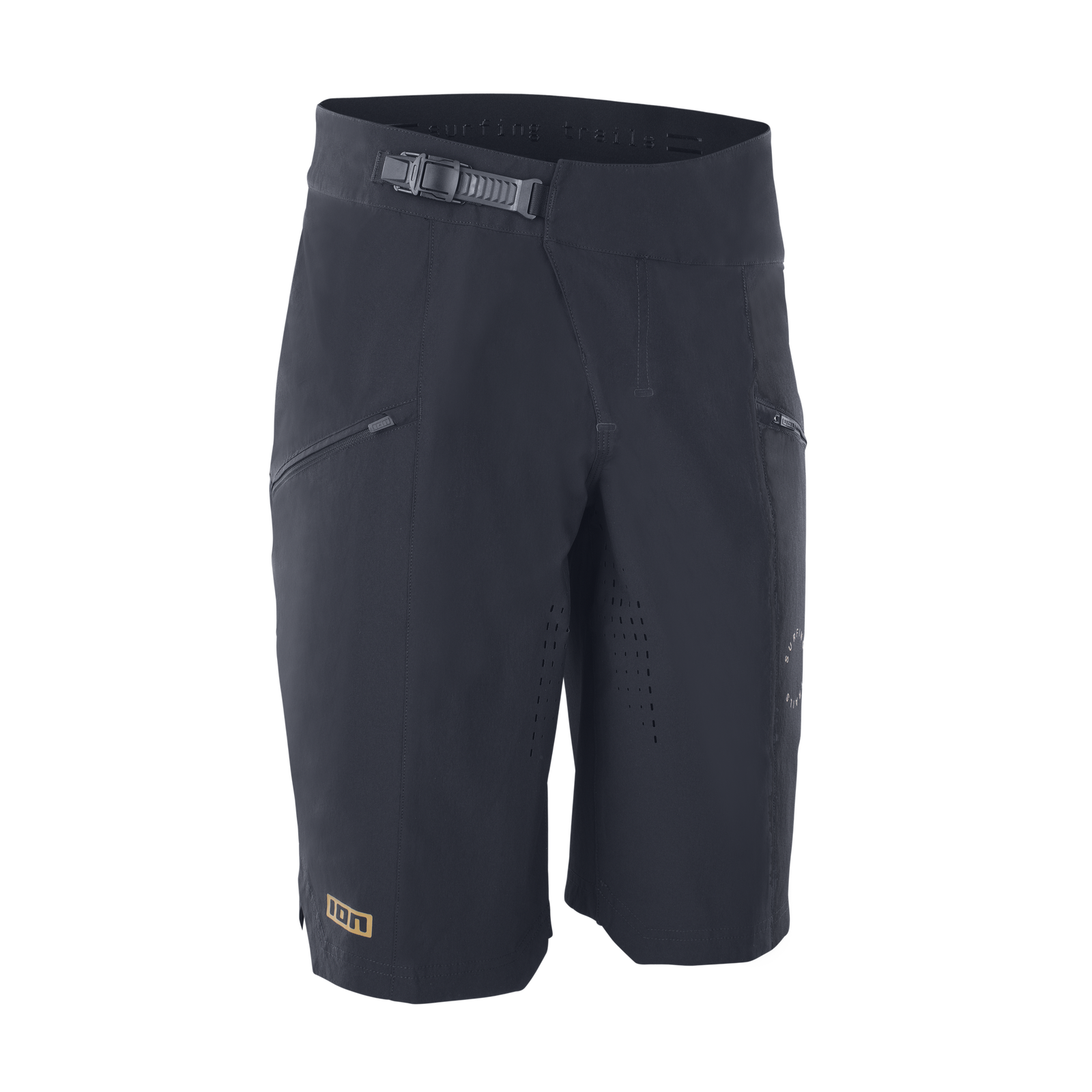 ION Scrub cycling shorts in charcoal black for mountain biking with ratchet closure and laser-cut ventilation