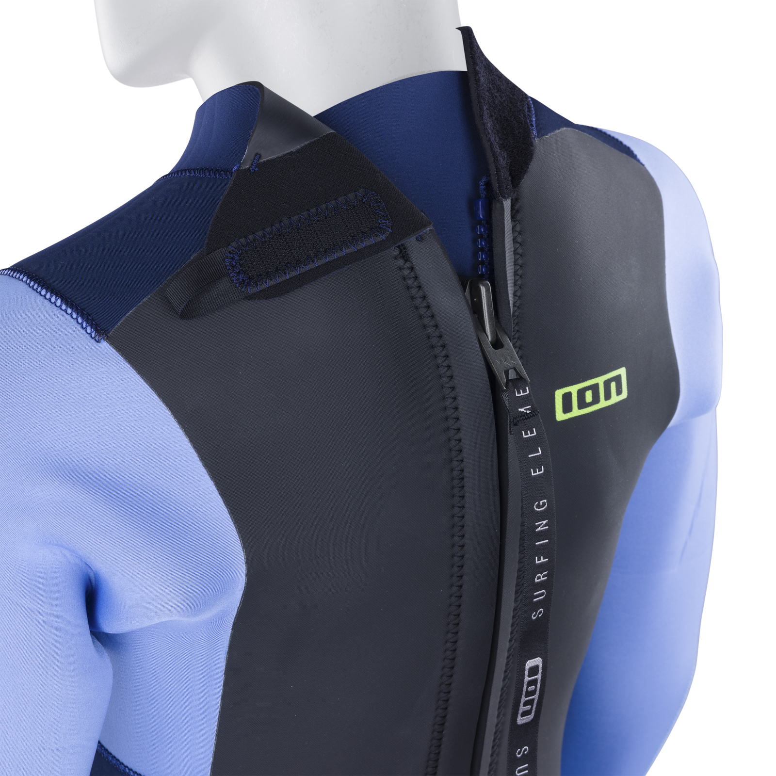 ION Capture 4/3mm Rückenreißverschluss Fullsuit Junior in dunkelgrau und blau, Detailansicht Reißverschluss