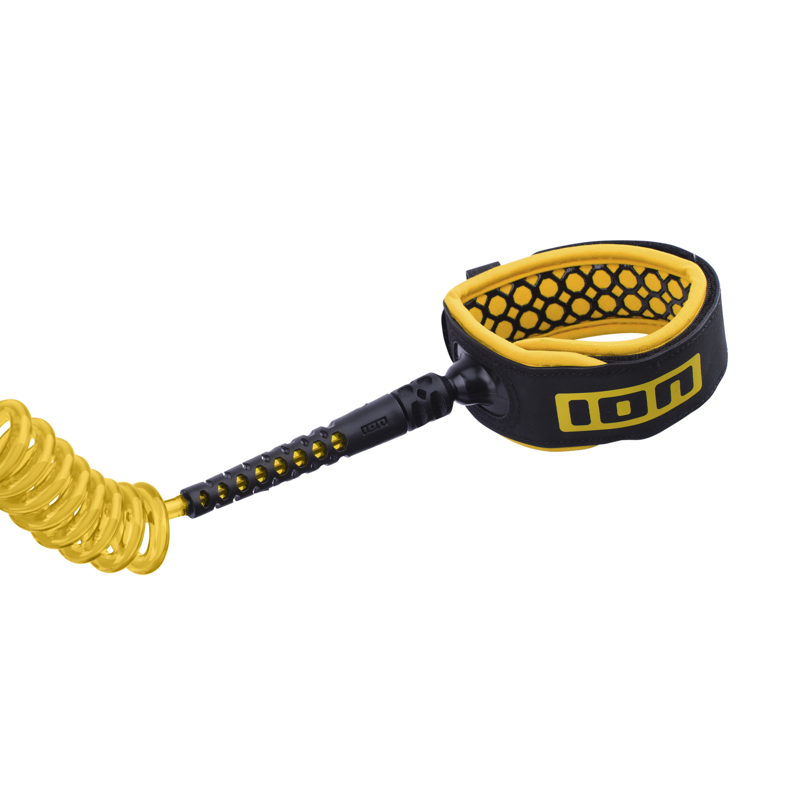 ION Core coiled knee leash for wing foiling in yellow and black with padded neoprene cuff