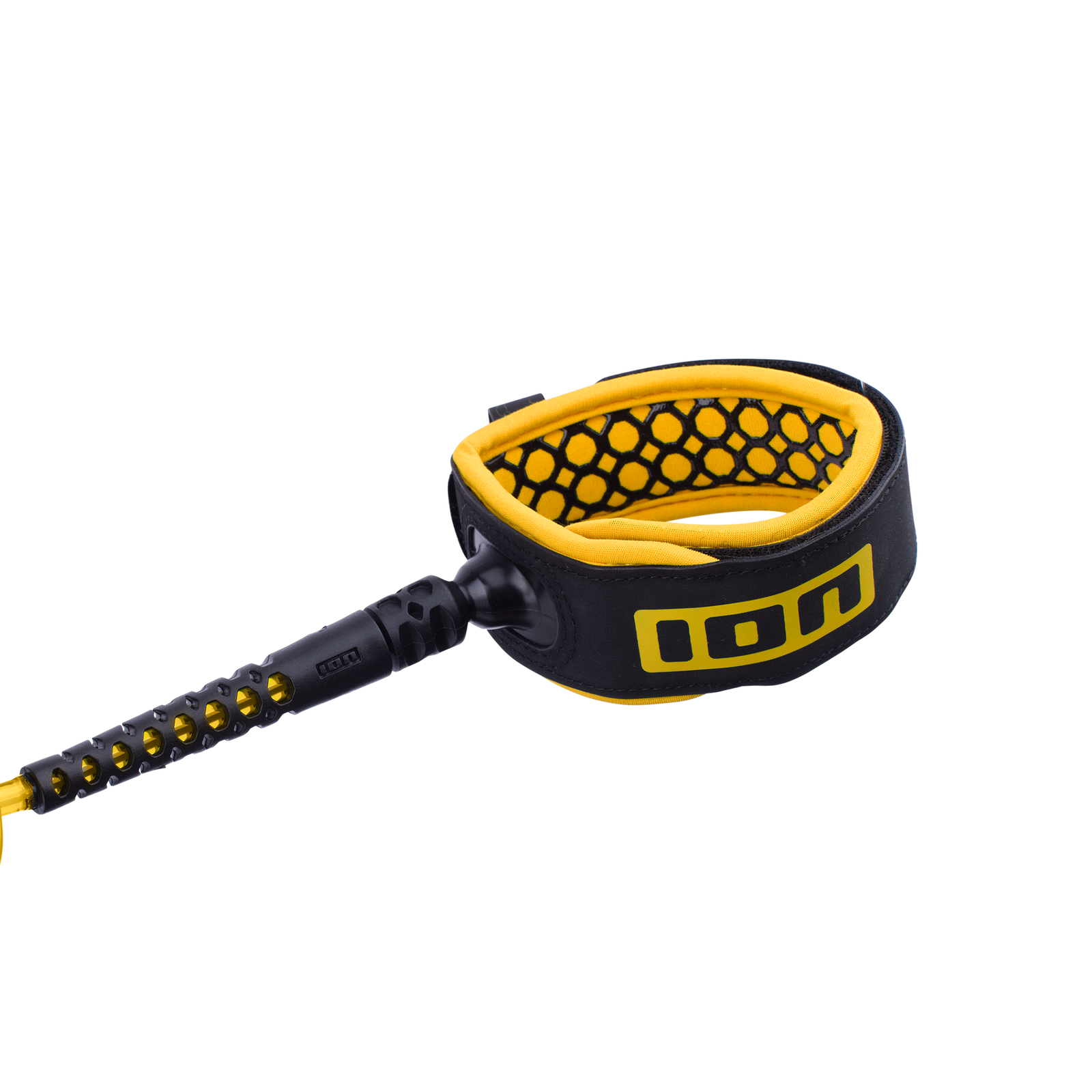Leash de surf ION Core cheville en noir et jaune avec manchette en néoprène rembourrée