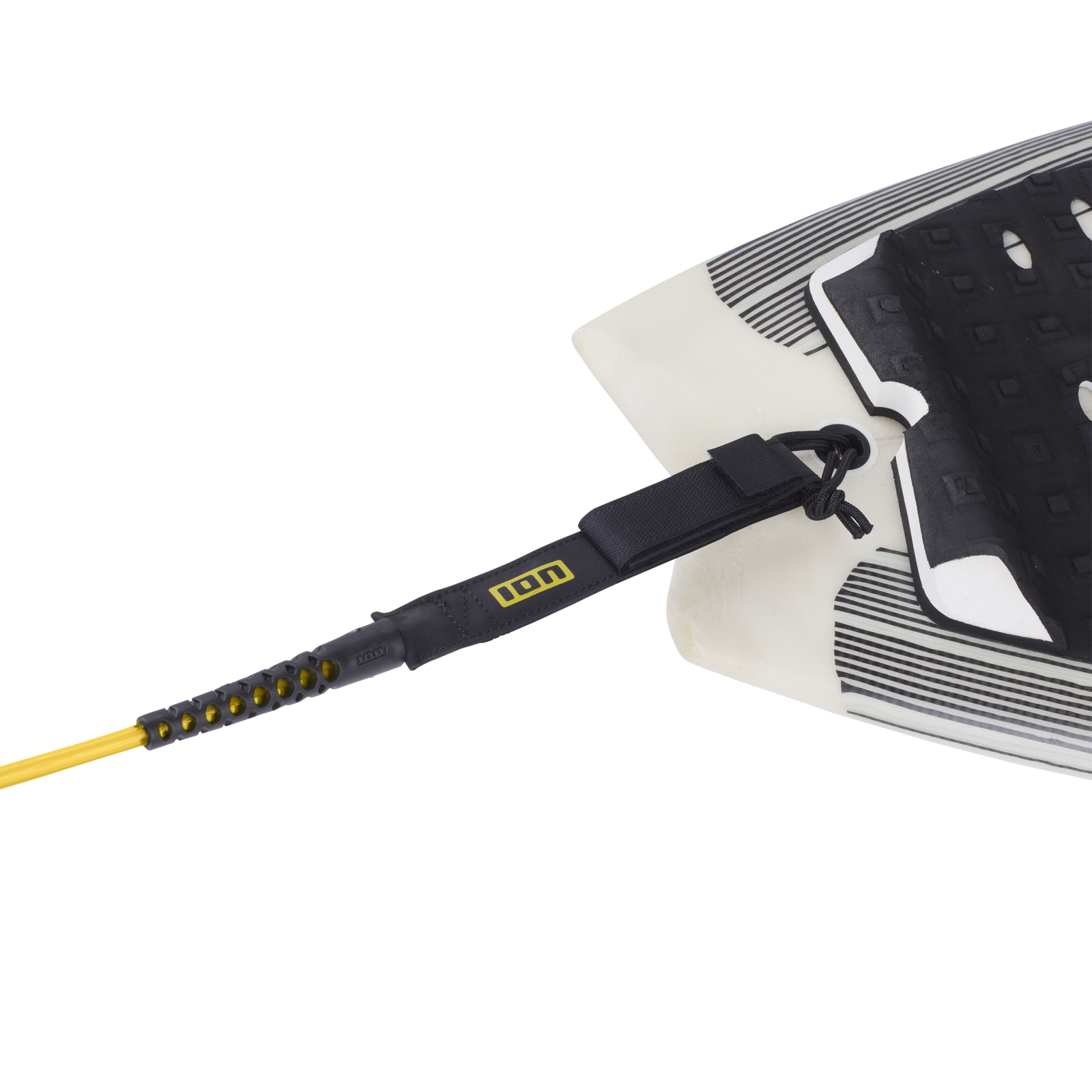 ION Core leash de surf cheville en noir et jaune avec connecteur pivotant