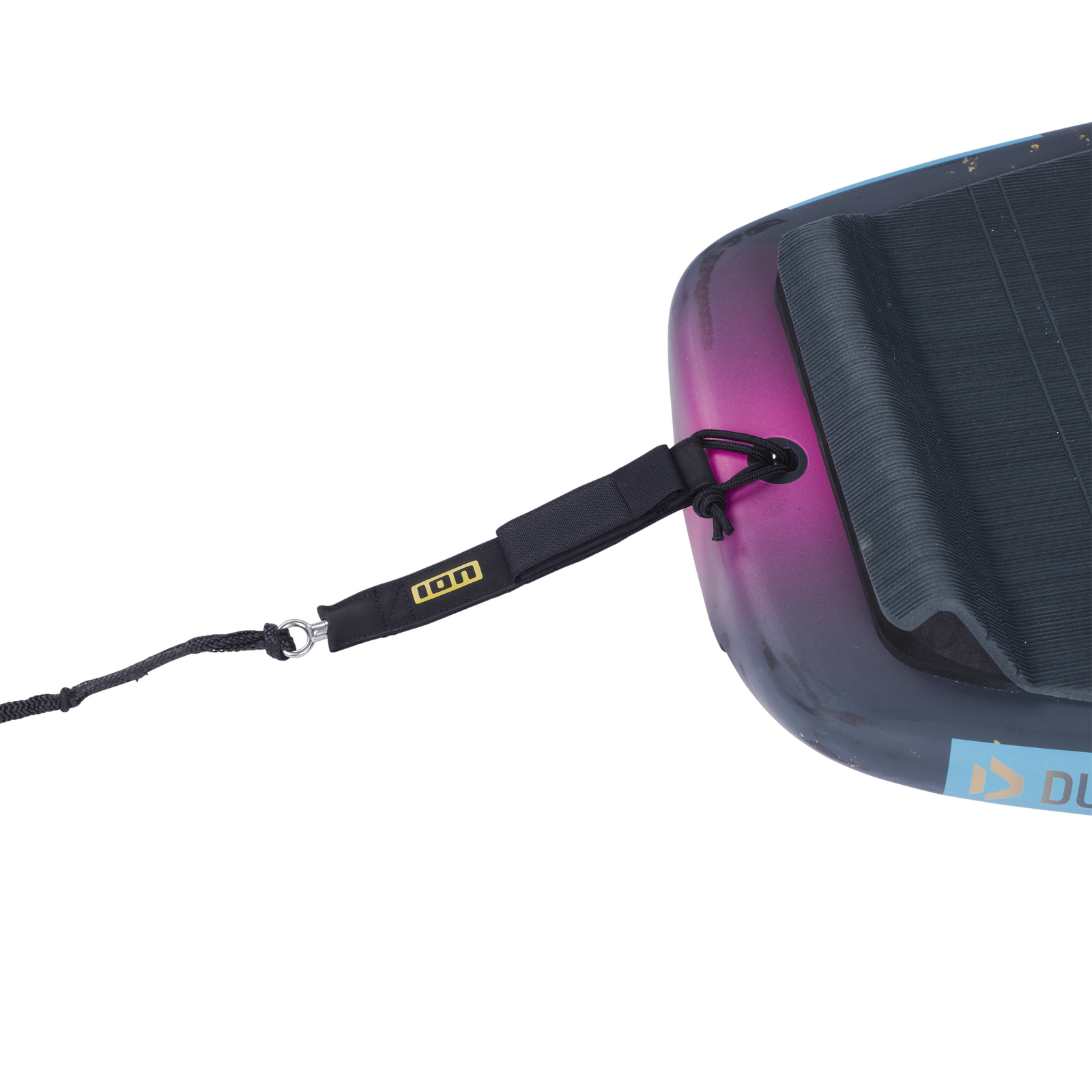 ION Core Hybrid wing board ankle leash in black, detail view at board plug