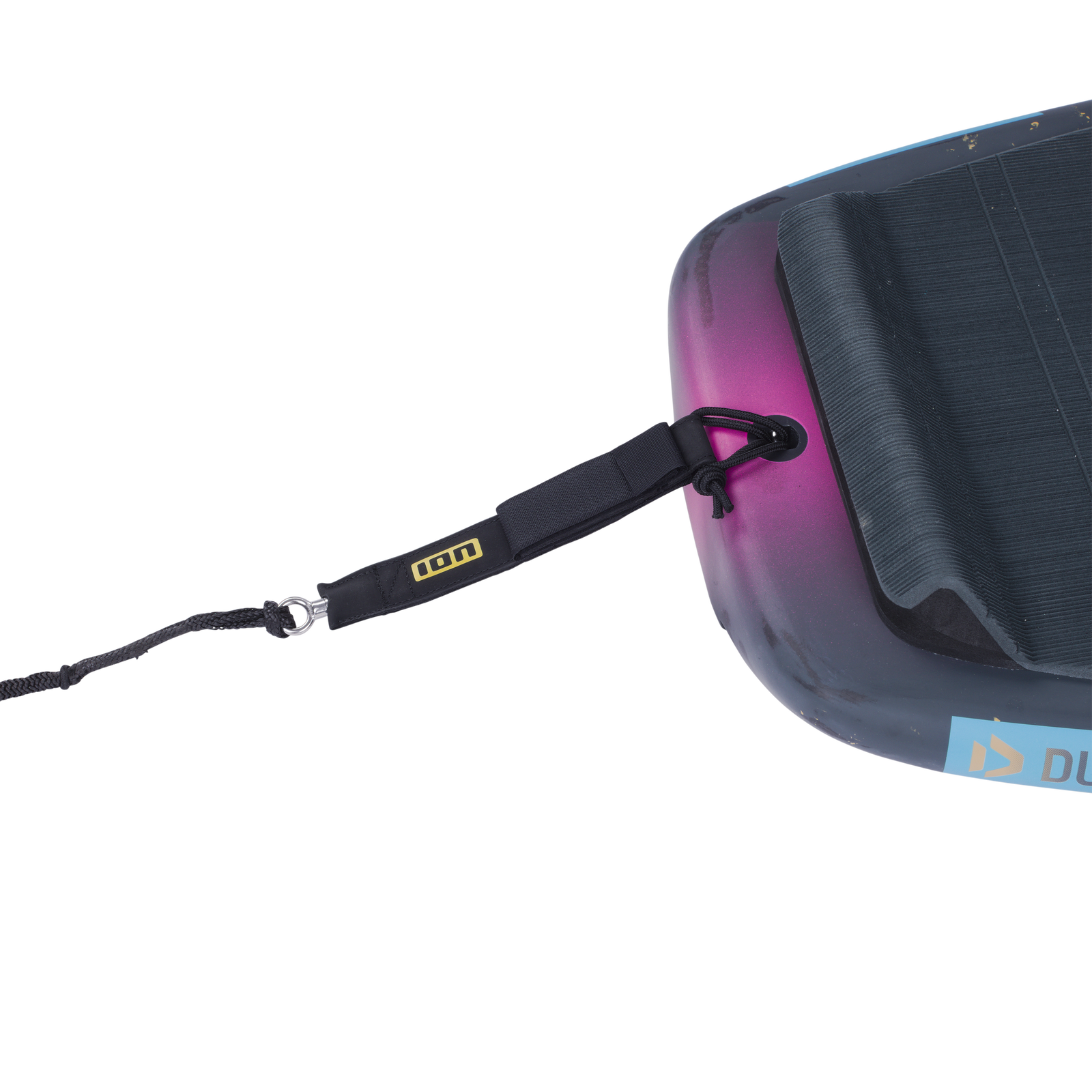 ION Wing Board Leash Core Hybrid carabiner 5'5" in black, detail view showing attachment to foil board