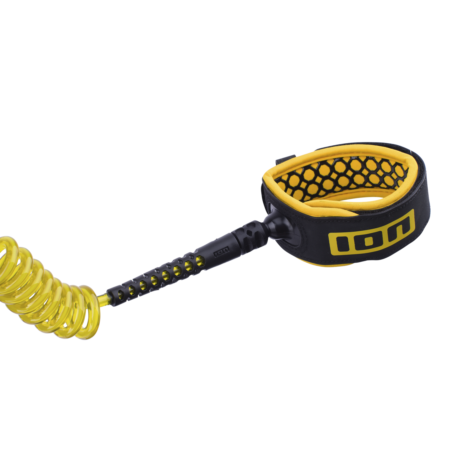 ION Core wing board coiled ankle leash in black and yellow