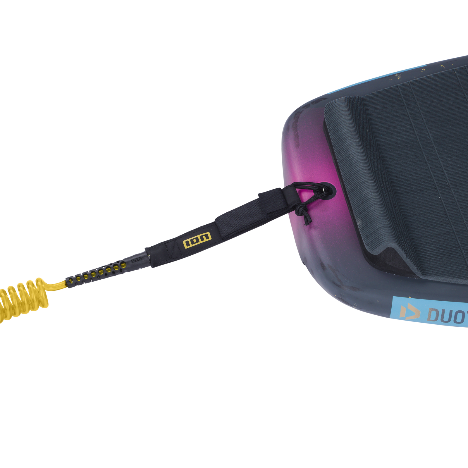 ION Wing Board Leash Core Coiled Ankle in dark charcoal and yellow attached to foil board