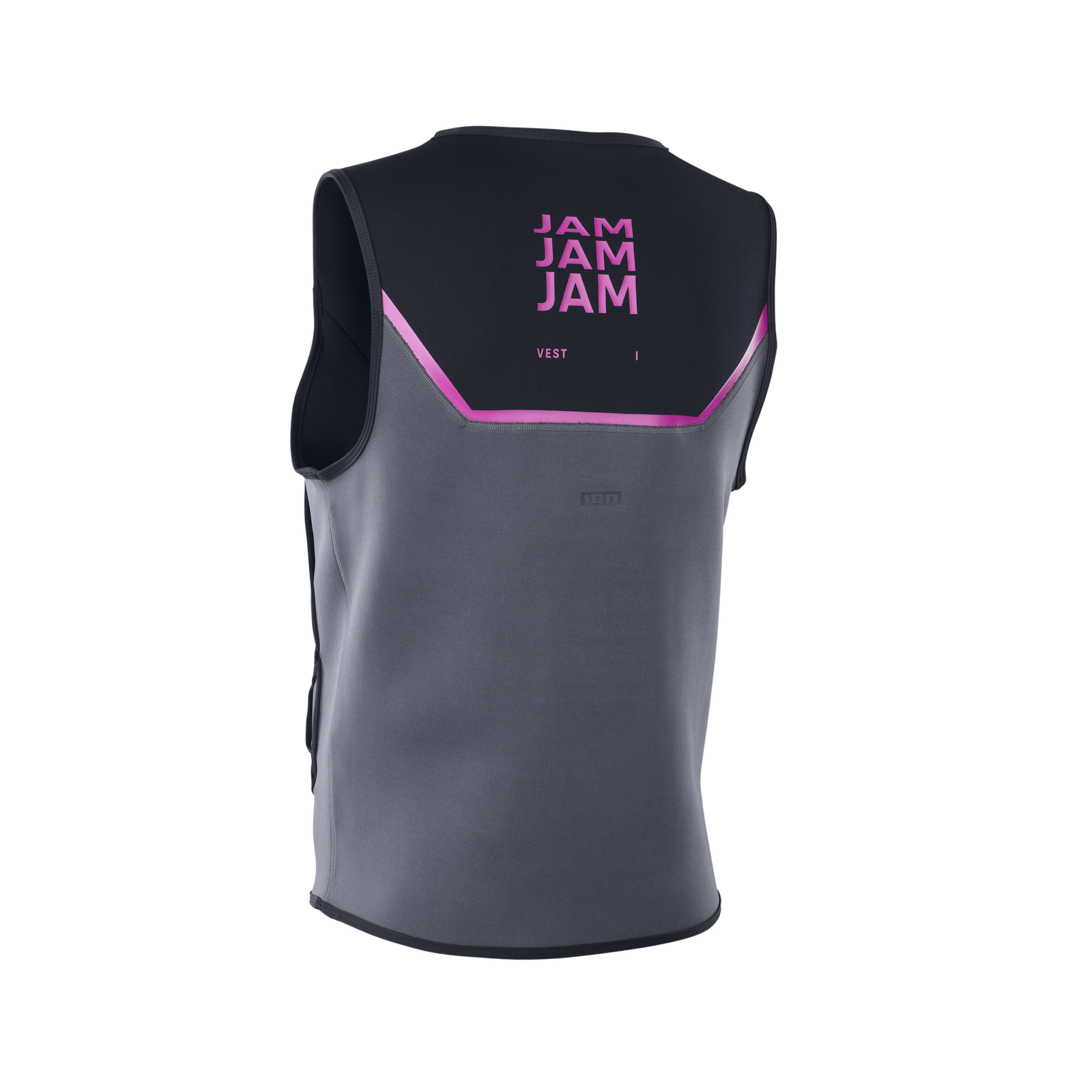 ION Jam neoprene vest unisex in dark grey and black with magenta pink print – back view