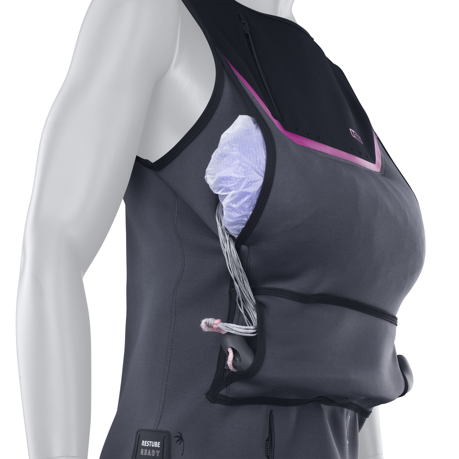ION Water Neo Jam neoprene jacket sleeveless in black and pink with RESTUBE READY pocket
