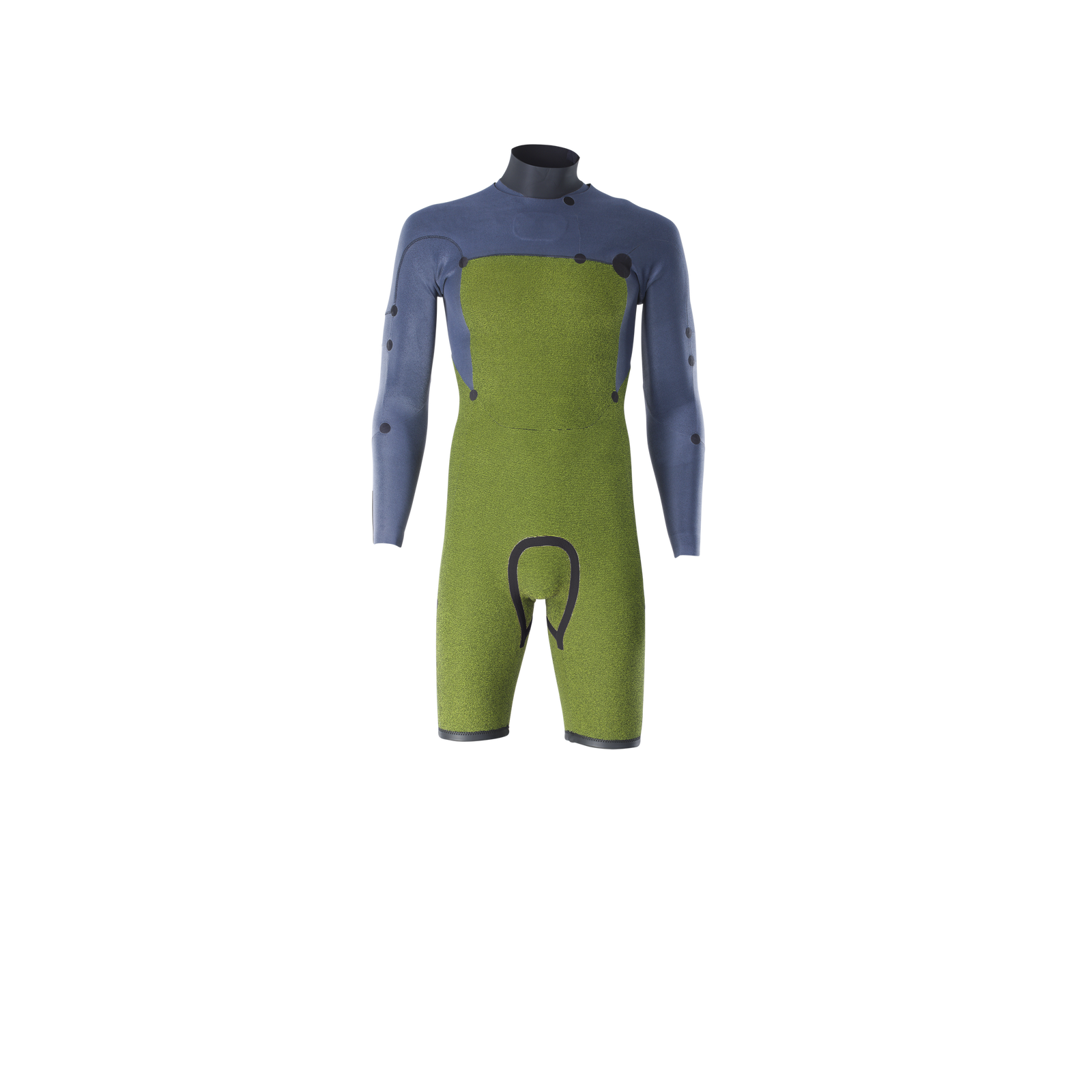 ION Seek Core combinaison shorty manches longues 3/2mm zip frontal en vert olive et bleu ardoise