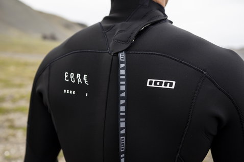 ION Seek Core 4/3mm back-zip fullsuit wetsuit in black, back view