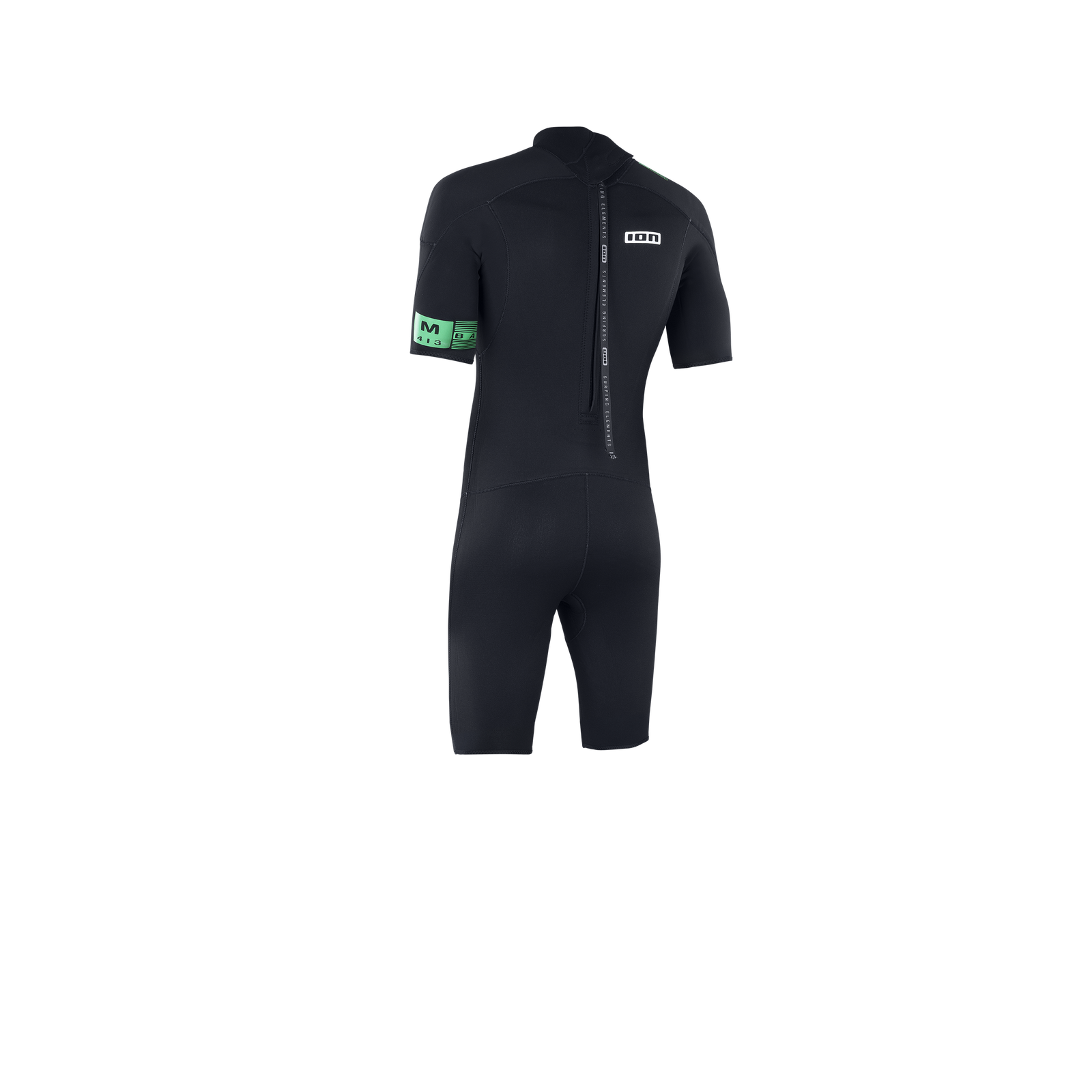 ION Base re 2/2 shorty wetsuit back zip in black and mint green, back view