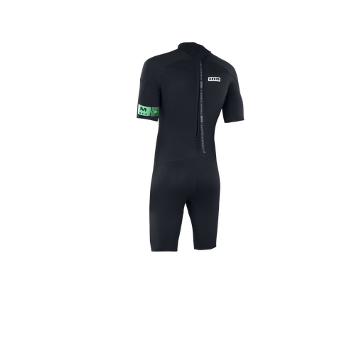 ION Base re 2/2 shorty wetsuit back zip in black and mint green, back view
